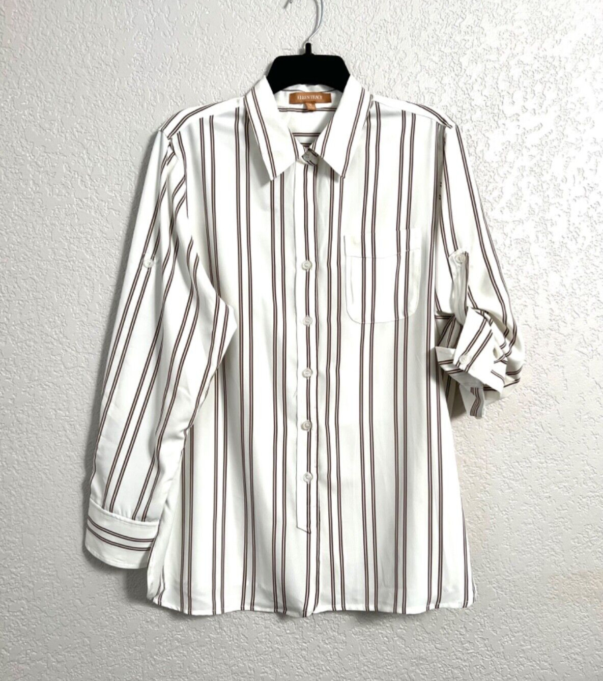 Ellen Tracy White Moss Brown Stripe Long sleeves Casual Blouse Classic Tops sz M