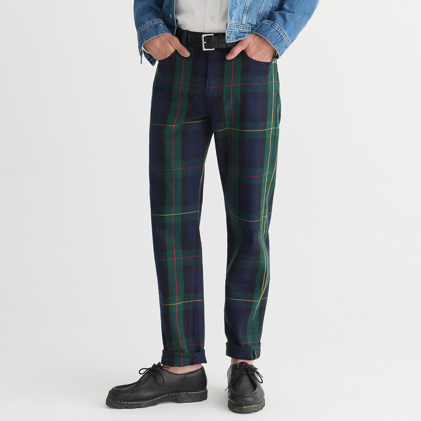 NWT $168 J Crew Five-Pocket Blue Green Tartan Plaid Denim Pants, Straight Jeans