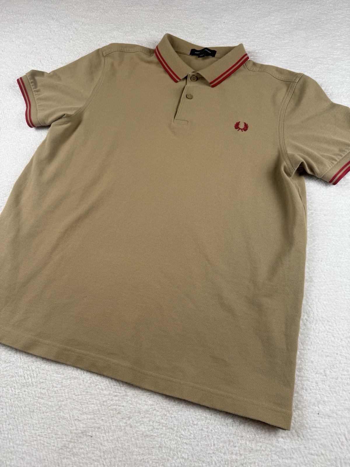 Fred Perry M12 Twin Tipped Summer Polo Shirt Tan/Red Size Men’s Large