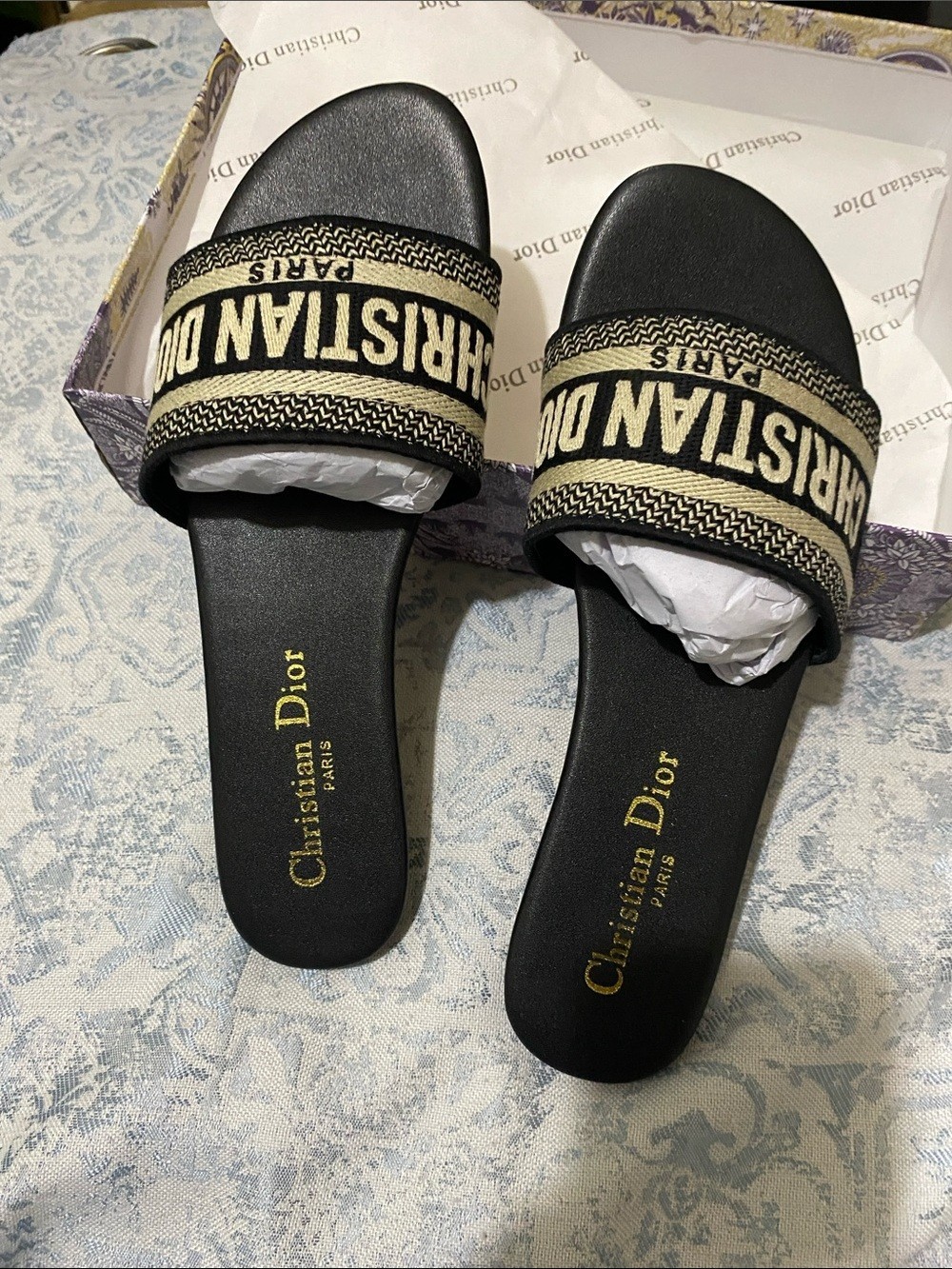Dior Black and Beige Embroidered Slide Sandals size-EUR-39