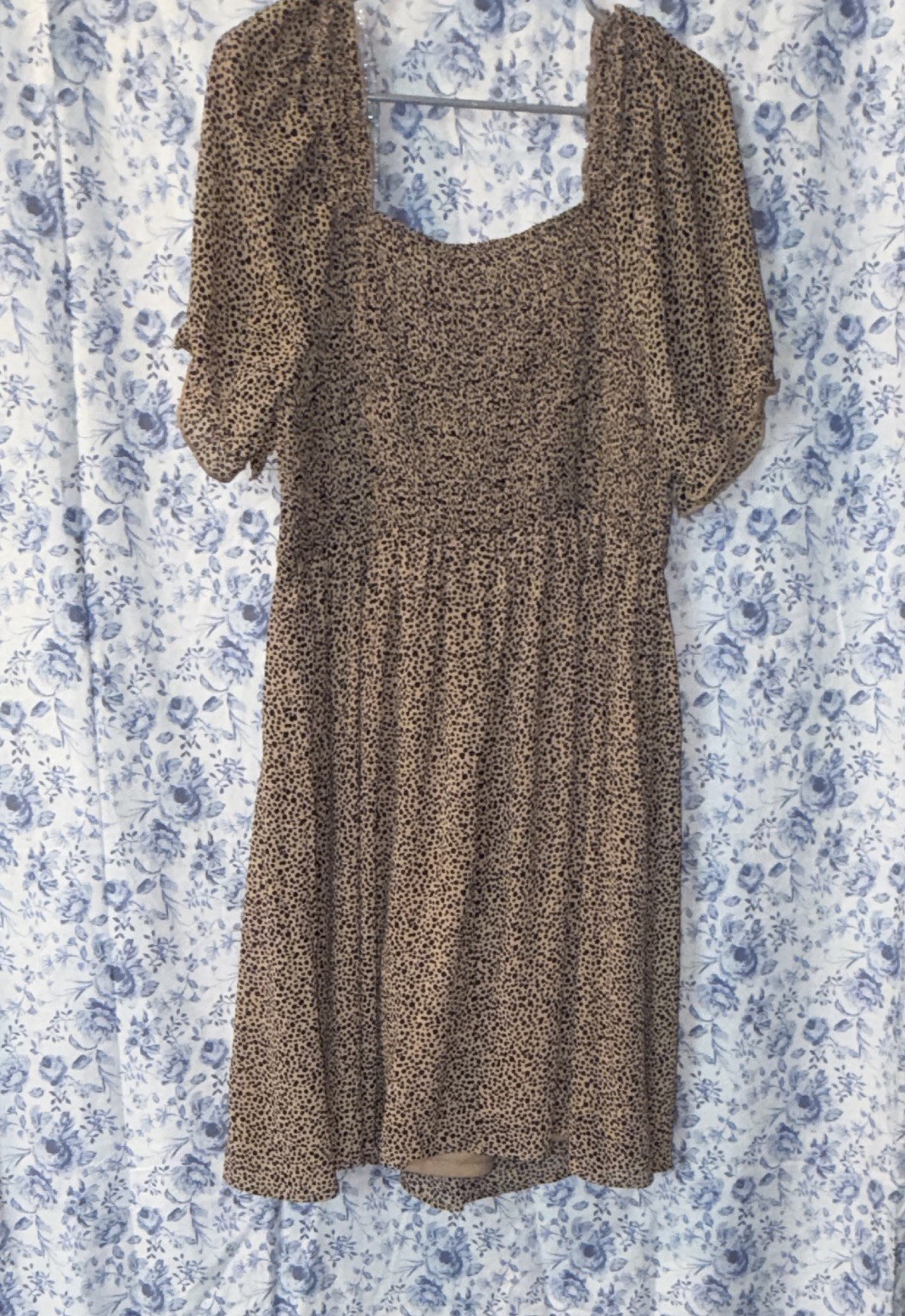 HESPERUS 2X Beige Black Animal Print Square Neck Short Sleeve Knee Dress