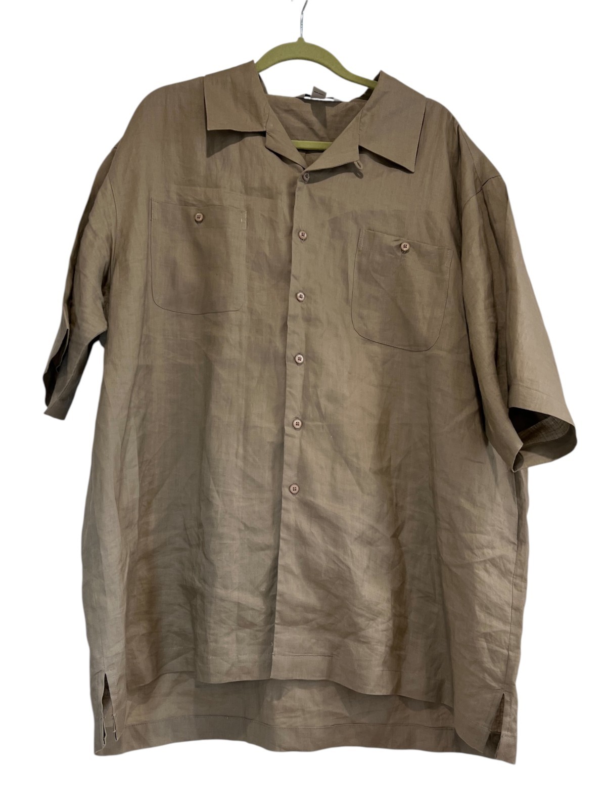 Linea Uomo Men’s 2XLT Tall Brown 100% Ramie Short Sleeve Button Down Camp Shirt