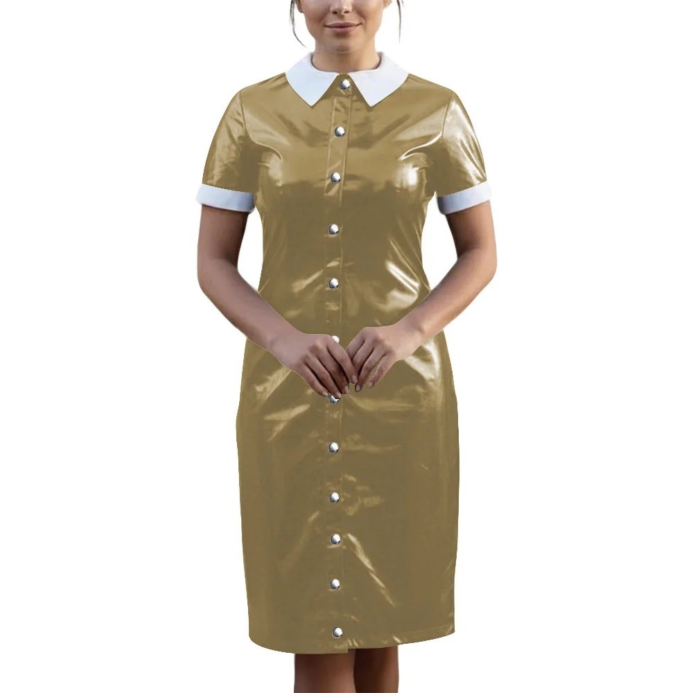 Vintage Wetlook PVC Leather Party Uniform Club Vestidos Bodycon Midi Dress