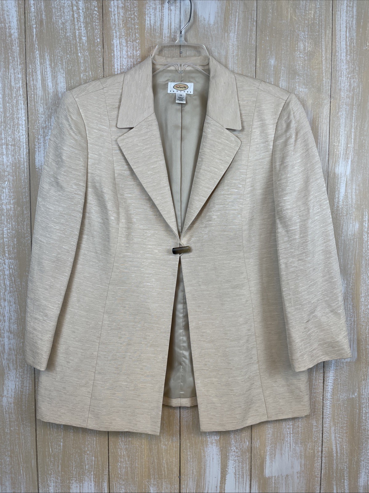 Talbots Petites Blazer Jacket Beige Size 14P Silk Linen Lined Toggle Button