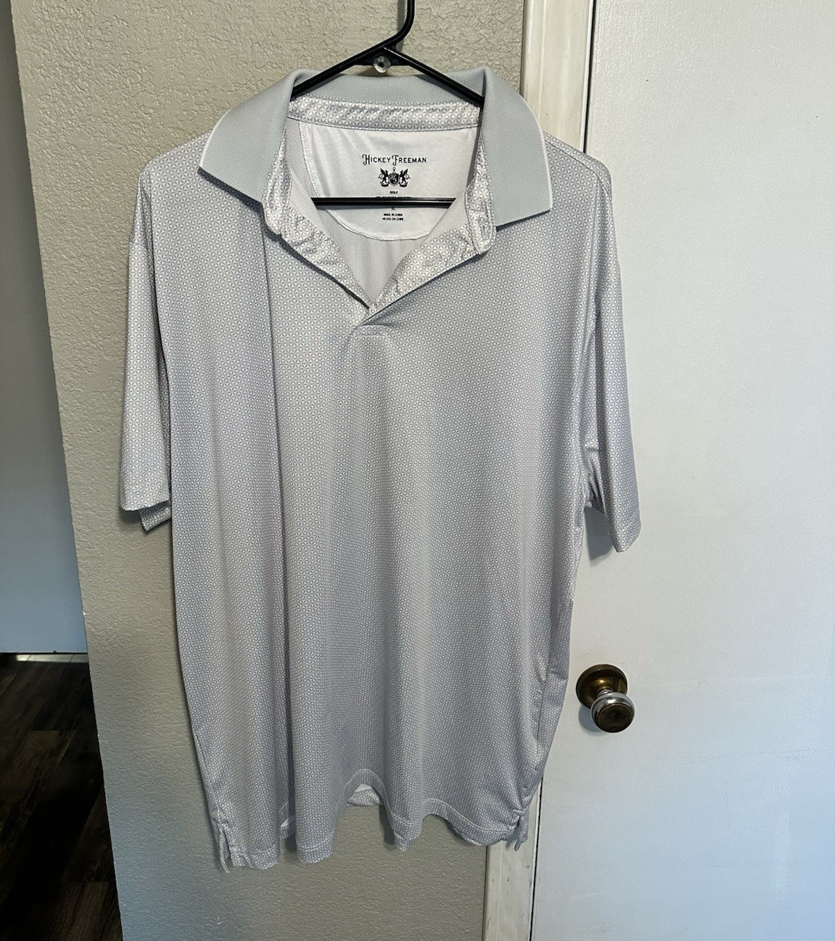 Hickey Freeman Men’s Gray Geometric Short Sleeve Spread Collar Polo Shirt, XL