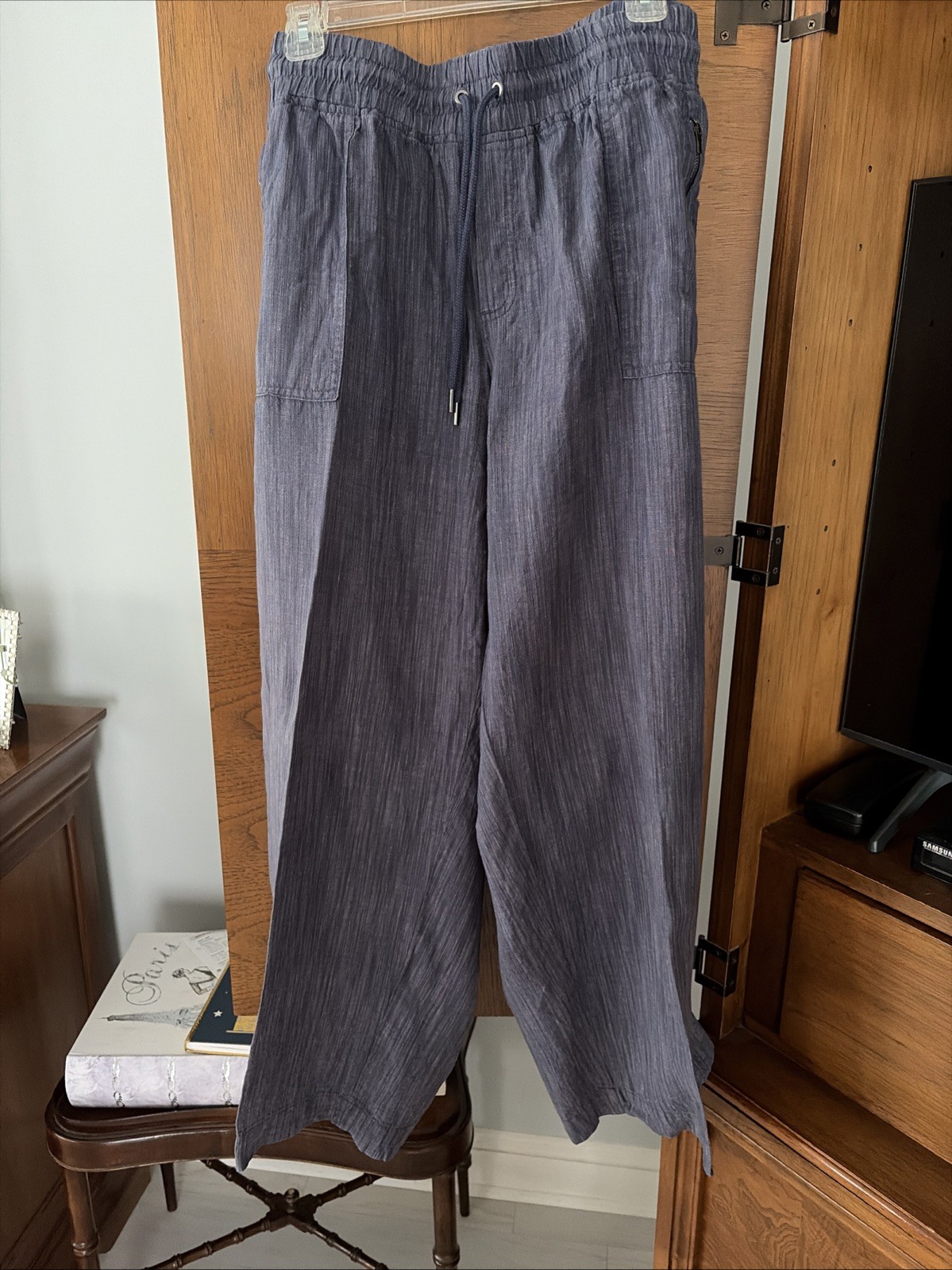 Athleta Cabo Textured Linen Pants Pull-on Drawstring Wide Leg Blue Sz 20 Coastal