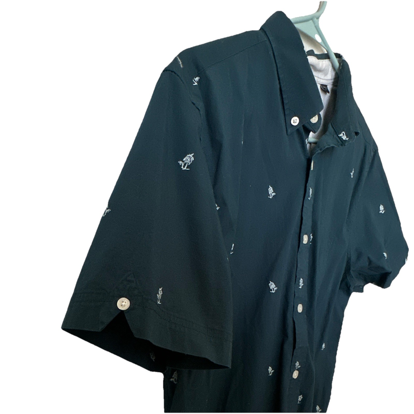 Ben Sherman Men’s L Blue Palm Tree Woven Cotton Short Sleeve Button-Up Pockets