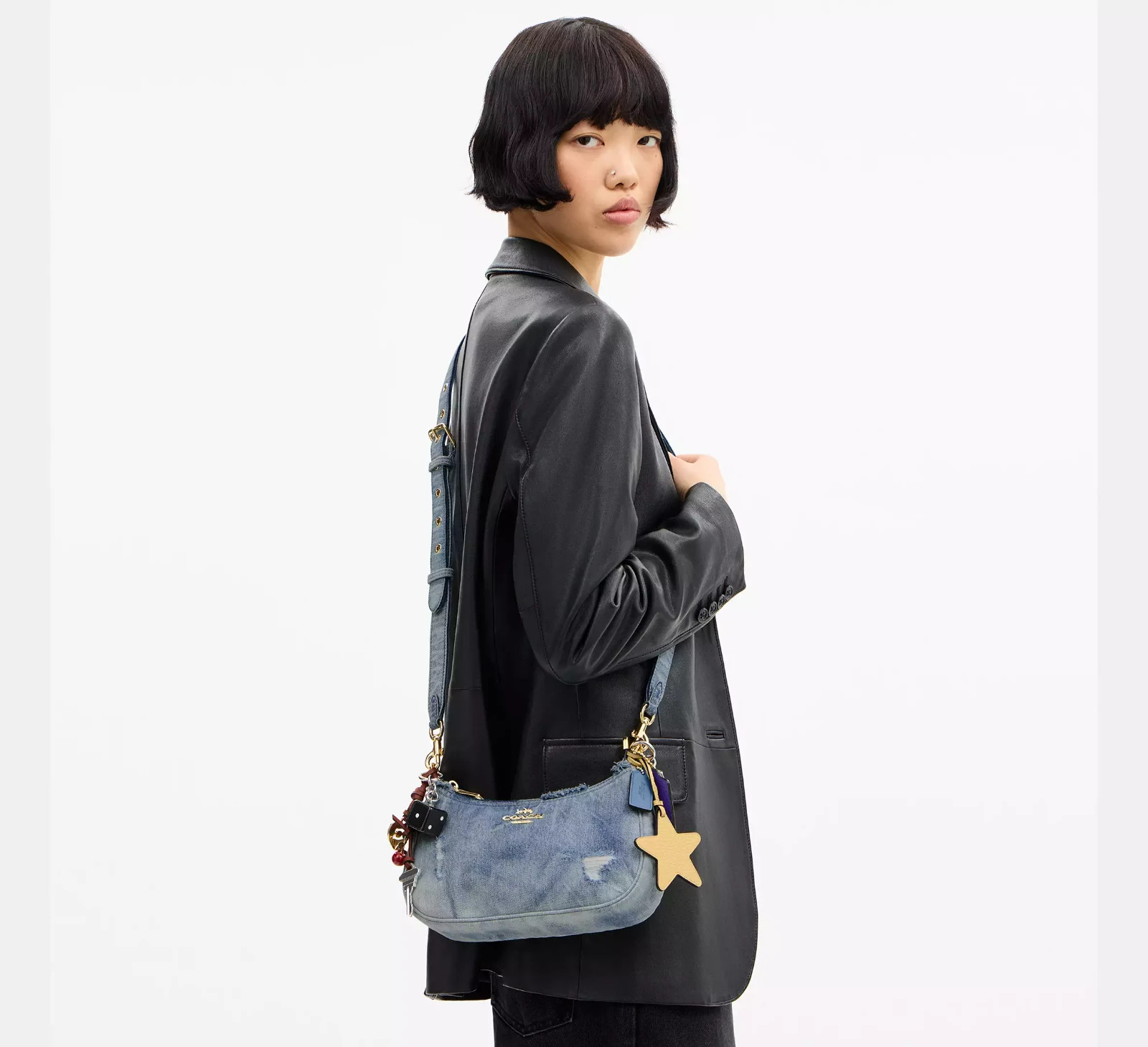 NWT CDY76 Coach Teri Shoulder Bag In Loved Denim With Charms