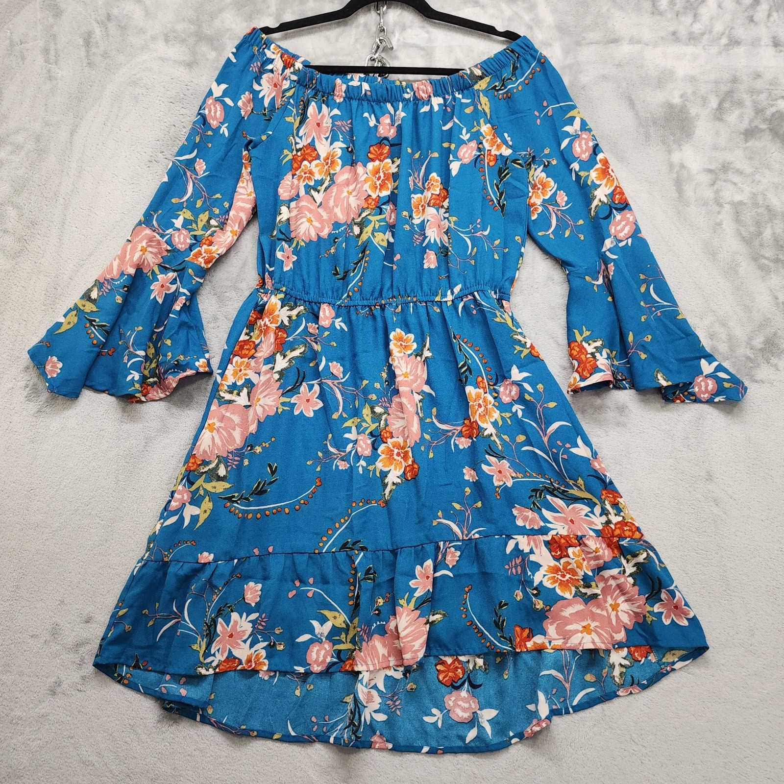 Xhilaration Dress M Blue Floral Off Shoulder High Low Hem Pockets Elastic Waist