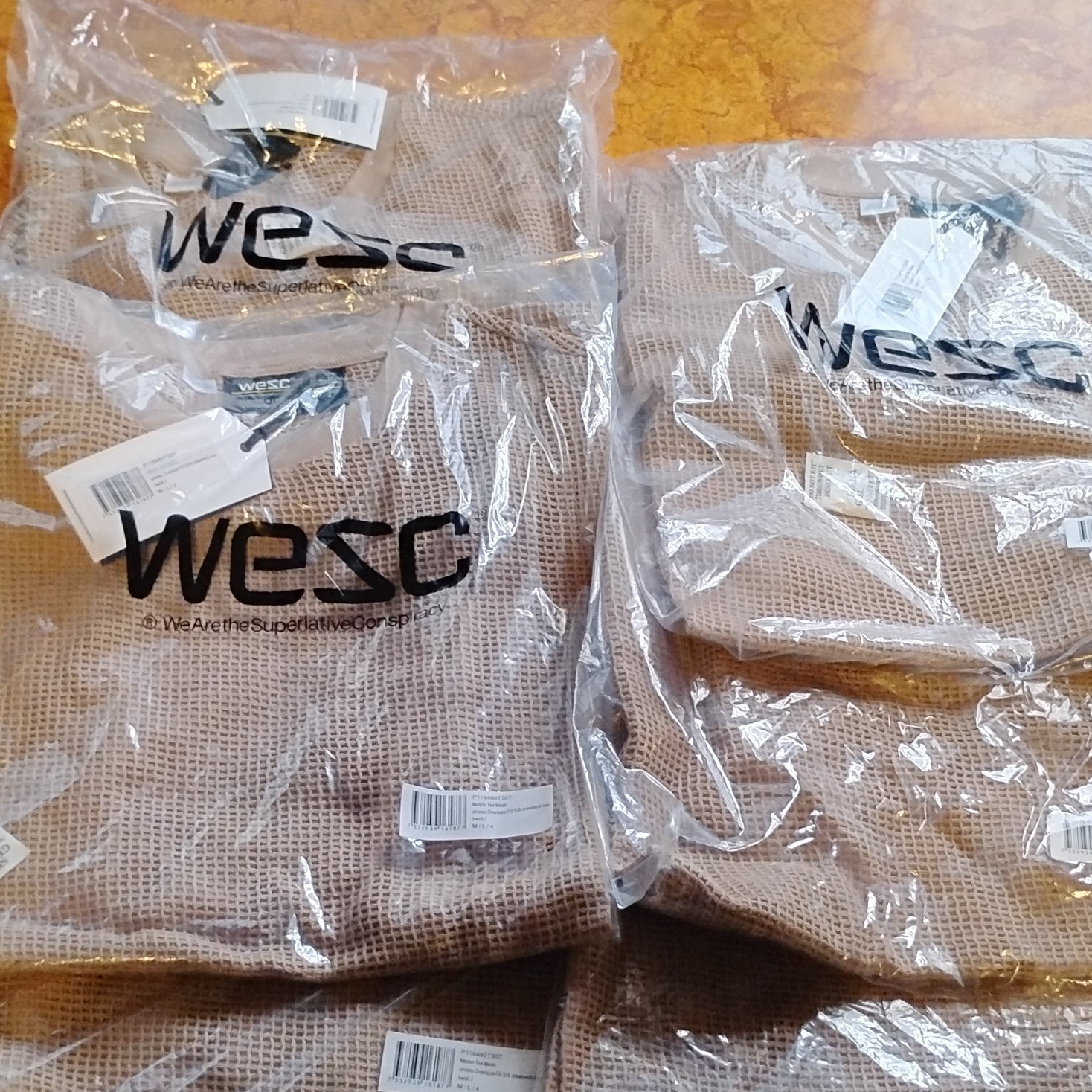 WeSC Mason Tee Mesh Twill Beige Crew Neck Unisex M/L Short Sleeve Oversize