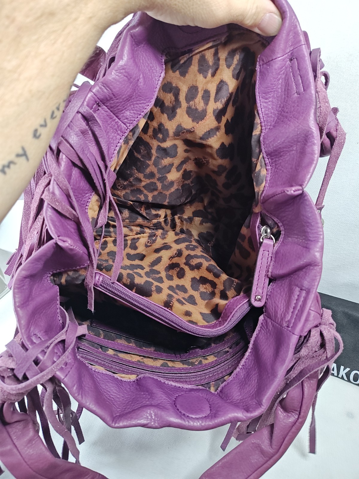 ​B. Makowsky Cabernet Purple Leather Fringe Tote Bag Hobo Purse NWT A212792