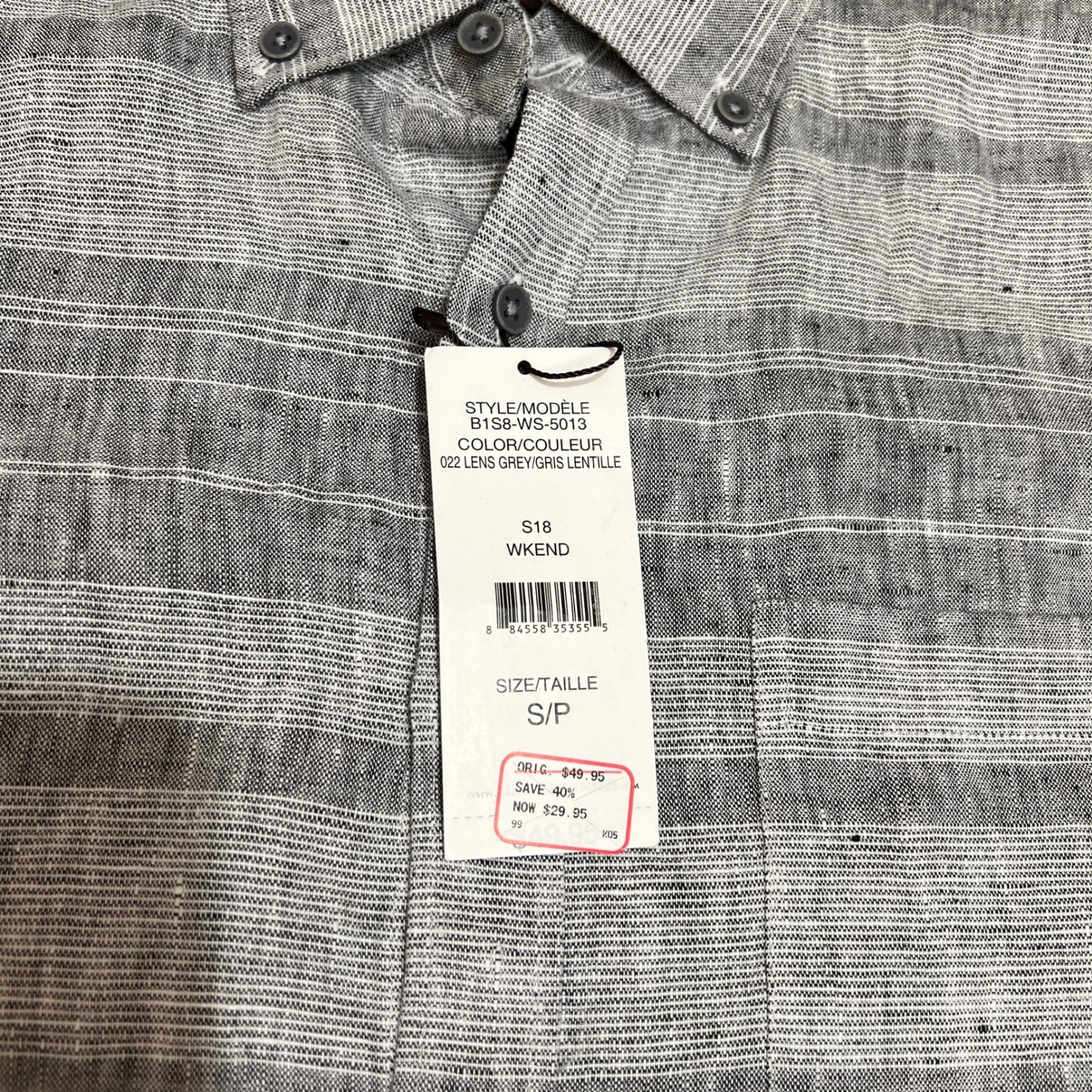 Black Brown 1826 Mens Small NWT 100% Linen Long Sleeve Grey Stripe Shirt Beach