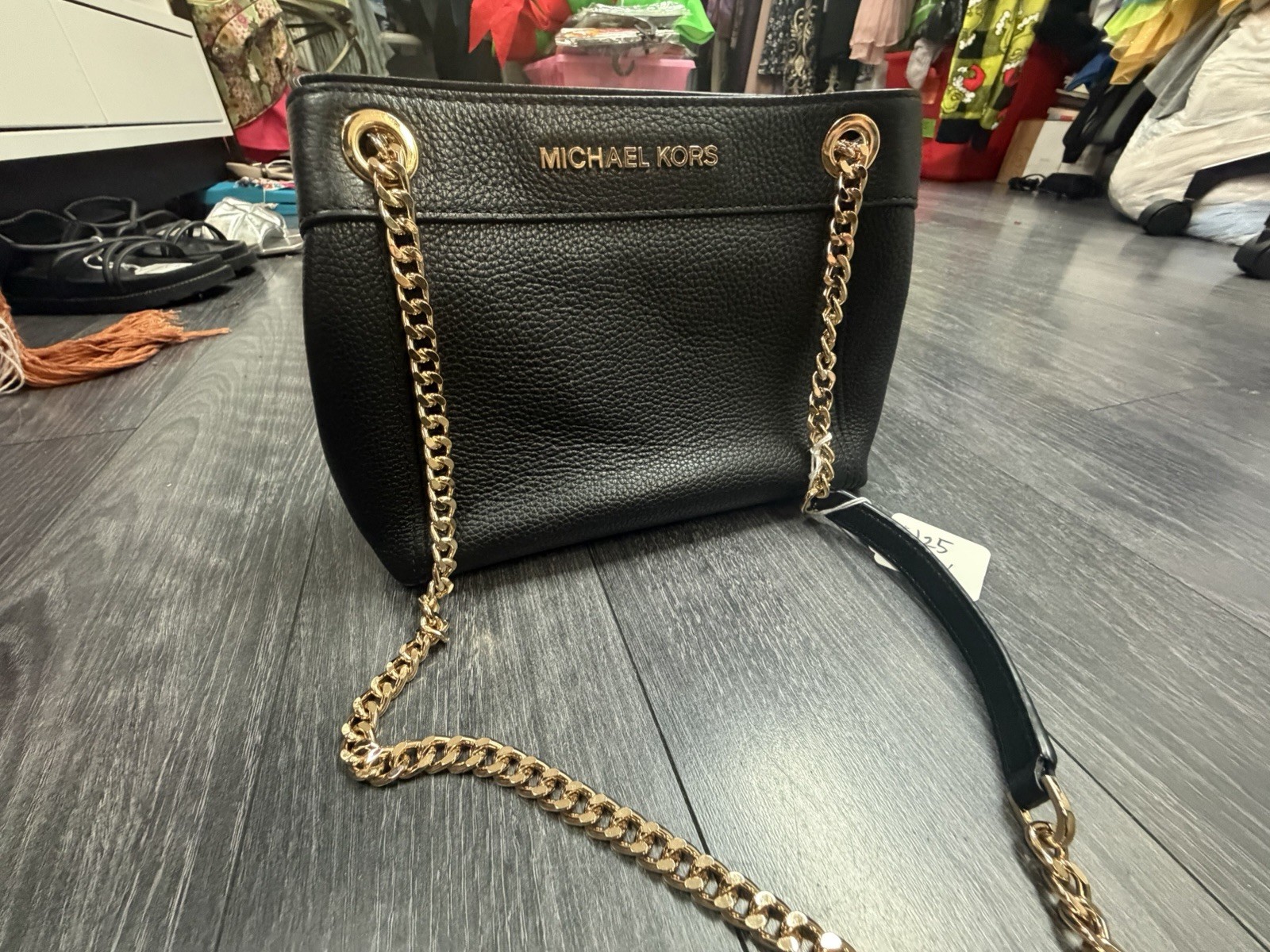 Michael Kors Black Pebbled Shoulder Bag Medium Chain Strap Detachable Gold