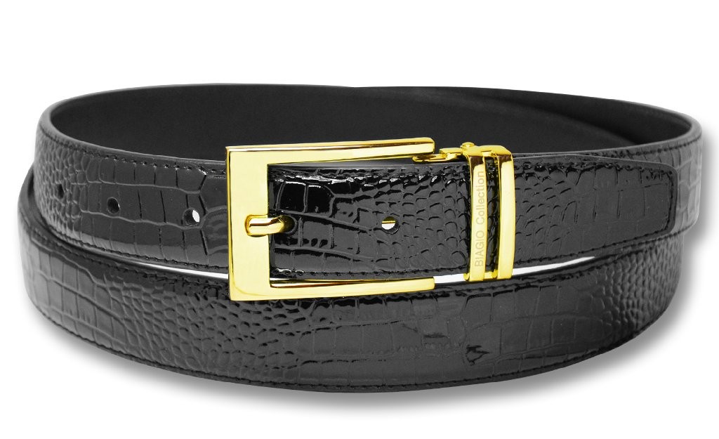 Biagio Croc Embossed BLACK Mens Bonded Leather Belt Gold-Tone Buckle sz 30