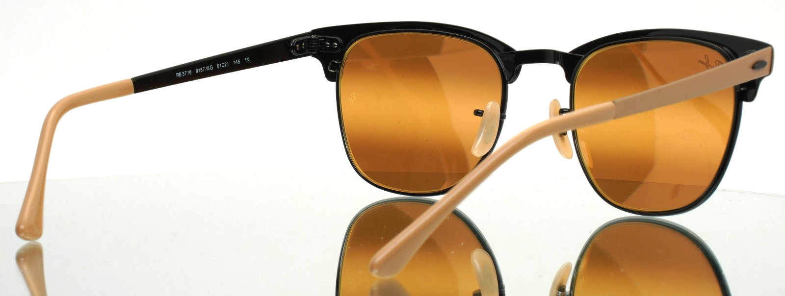 RAY BAN RB3716 9157/AG Clubmaster Metal Beige Black Mirror Sunglasses 51-21-145