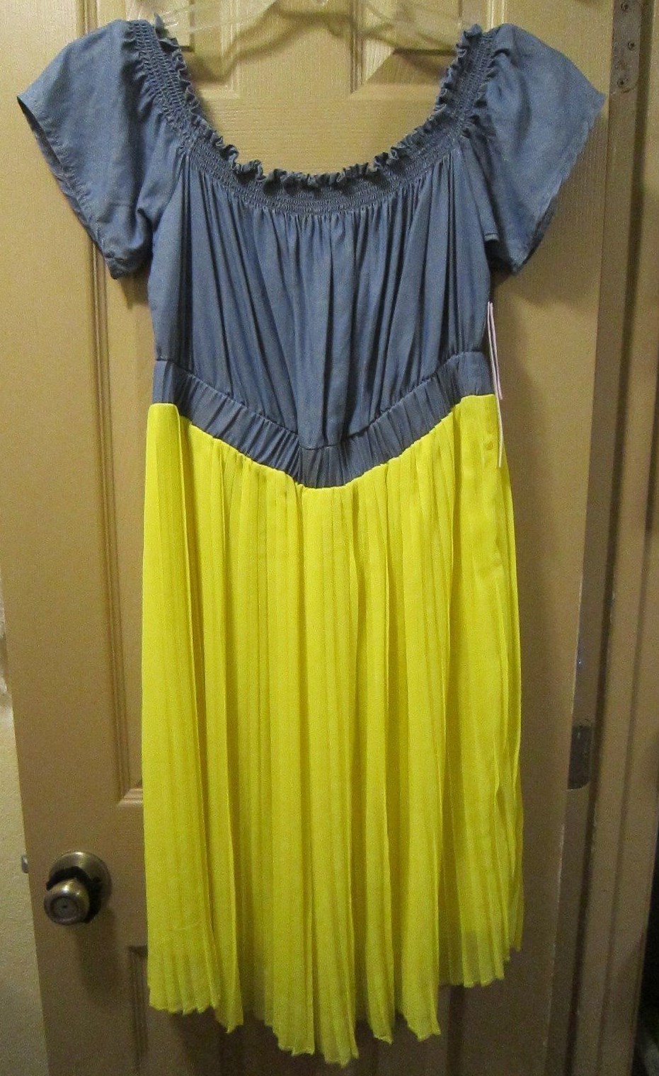 NEW SZ 14W MODAMIX WOMENS CALIFORNIA DREAMING BLUE & YELLOW PLEATED DRESS, NWTS