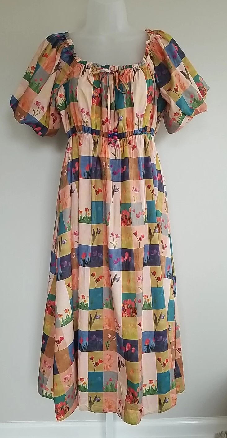 Davi & Dani Checkered Tulip Print Midi Dress NWT Spring Floral Beaded Tie Neck