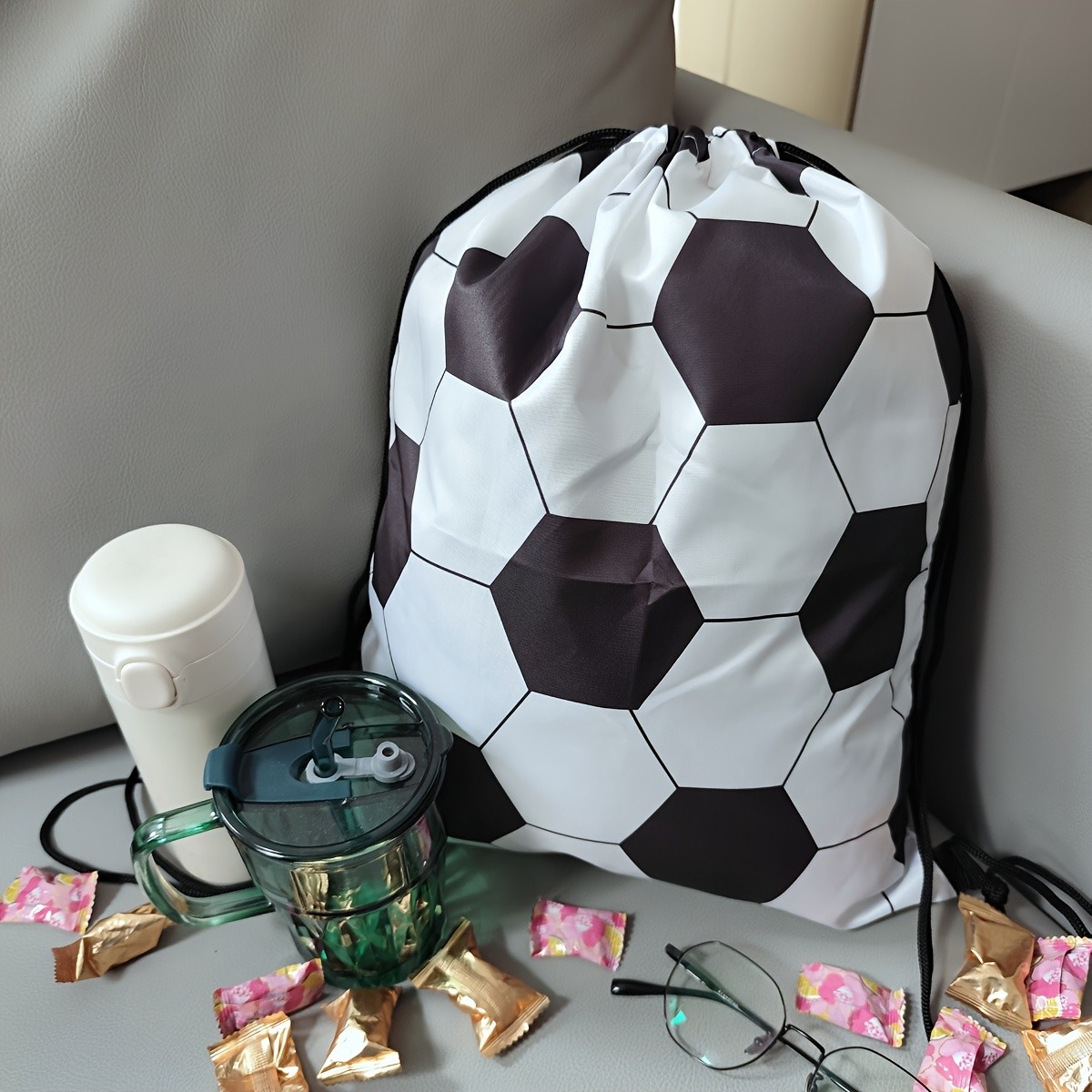 Large Foldable Football Print Drawstring Backpack Unisex Casual Sports Bag ◐