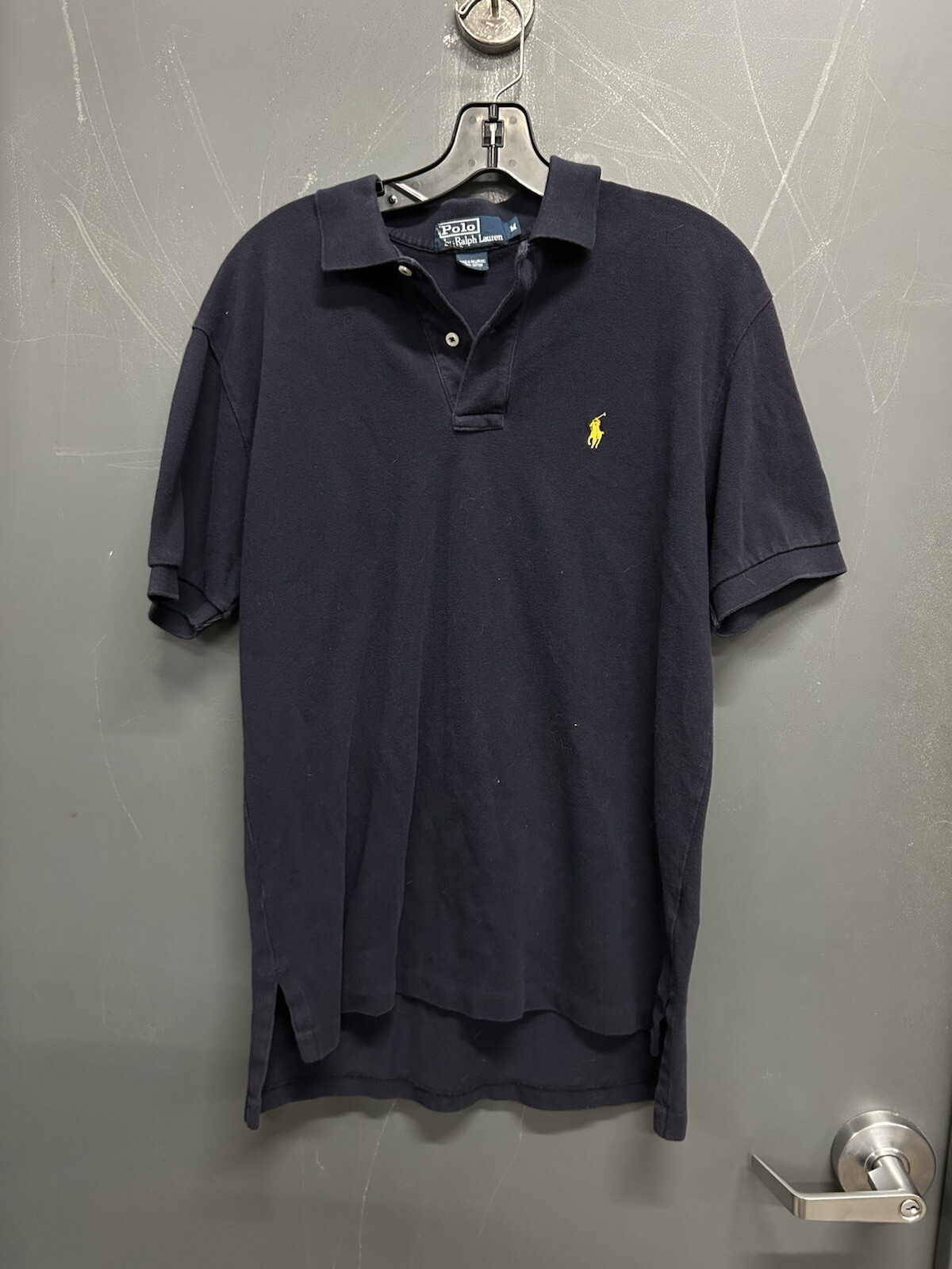 Men’s Navy Polo Ralph Lauren Half Button Collared T-Shirt Yellow Logo Size M