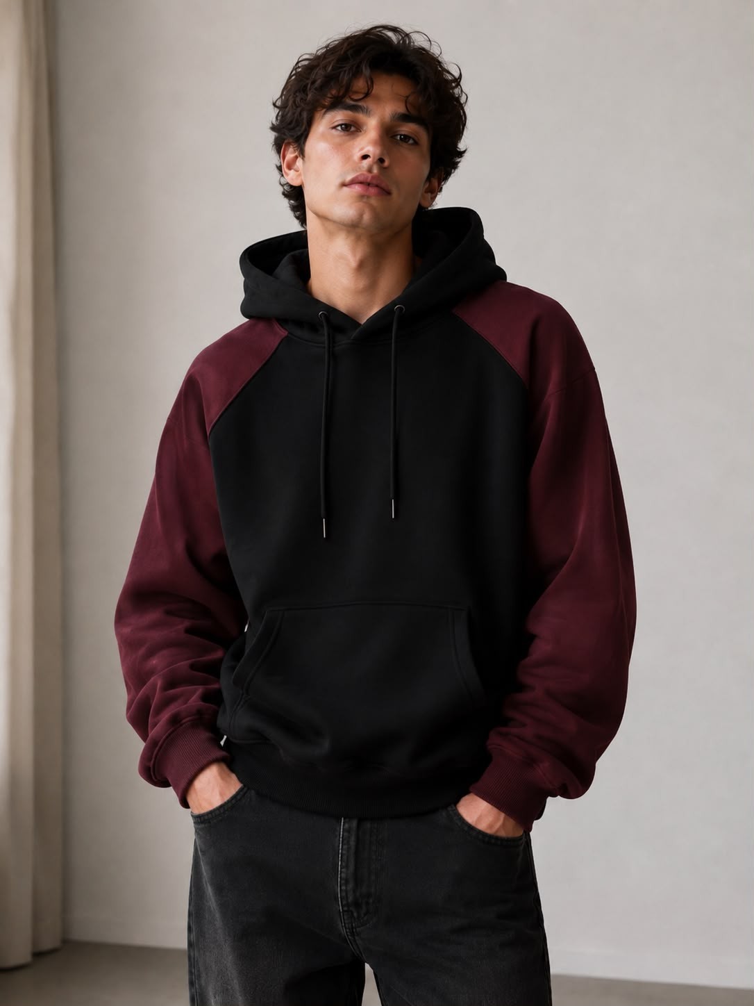 Men’s Black Burgundy Colorblock Fleece Hoodie Raglan Sleeve Pullover Sweatshirt