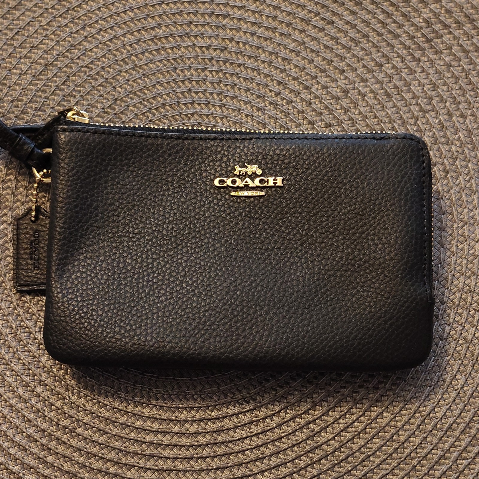 Coach Black Pebbled Zip Wristlet Pouch w/ Strap, Gold Hardware