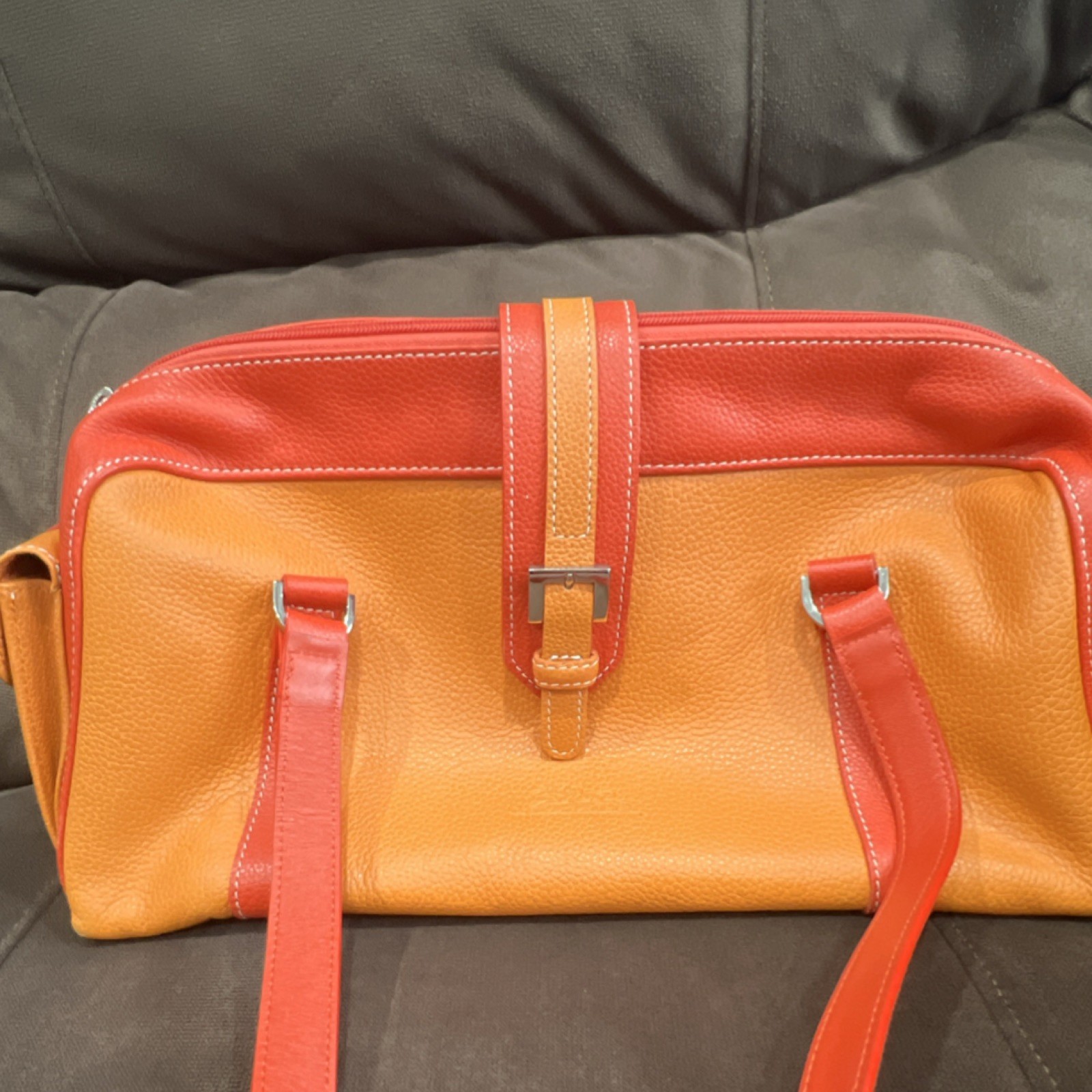 Longchamp Orange Red Buckle Accent Zipper Shoulder Bag for Women