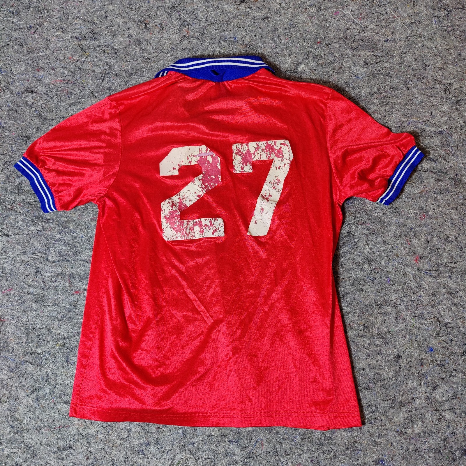 Vintage Satin Soccer Jersey Size XL Red #27 Ringer Silky Shiny Collared 90s