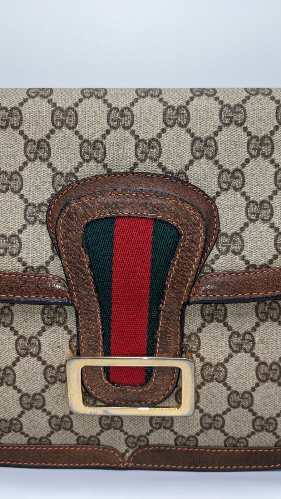 Vintage Gucci GG Supreme Monogram Web Stripe Buckle Shoulder Bag Brown