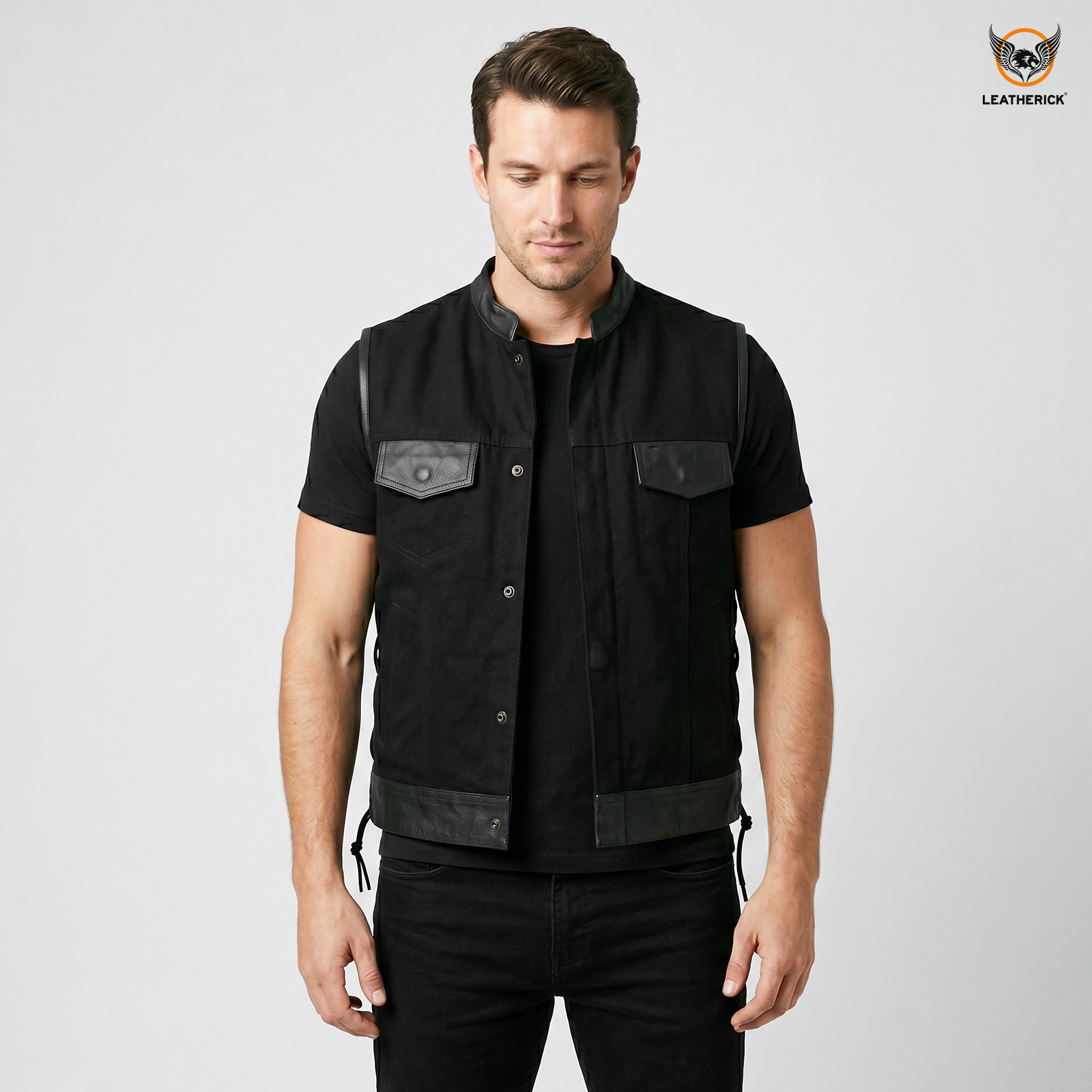 Leatherick Men’s SOA Black Denim Leather Vest Motorcycle Bikers Club Gun Pockets