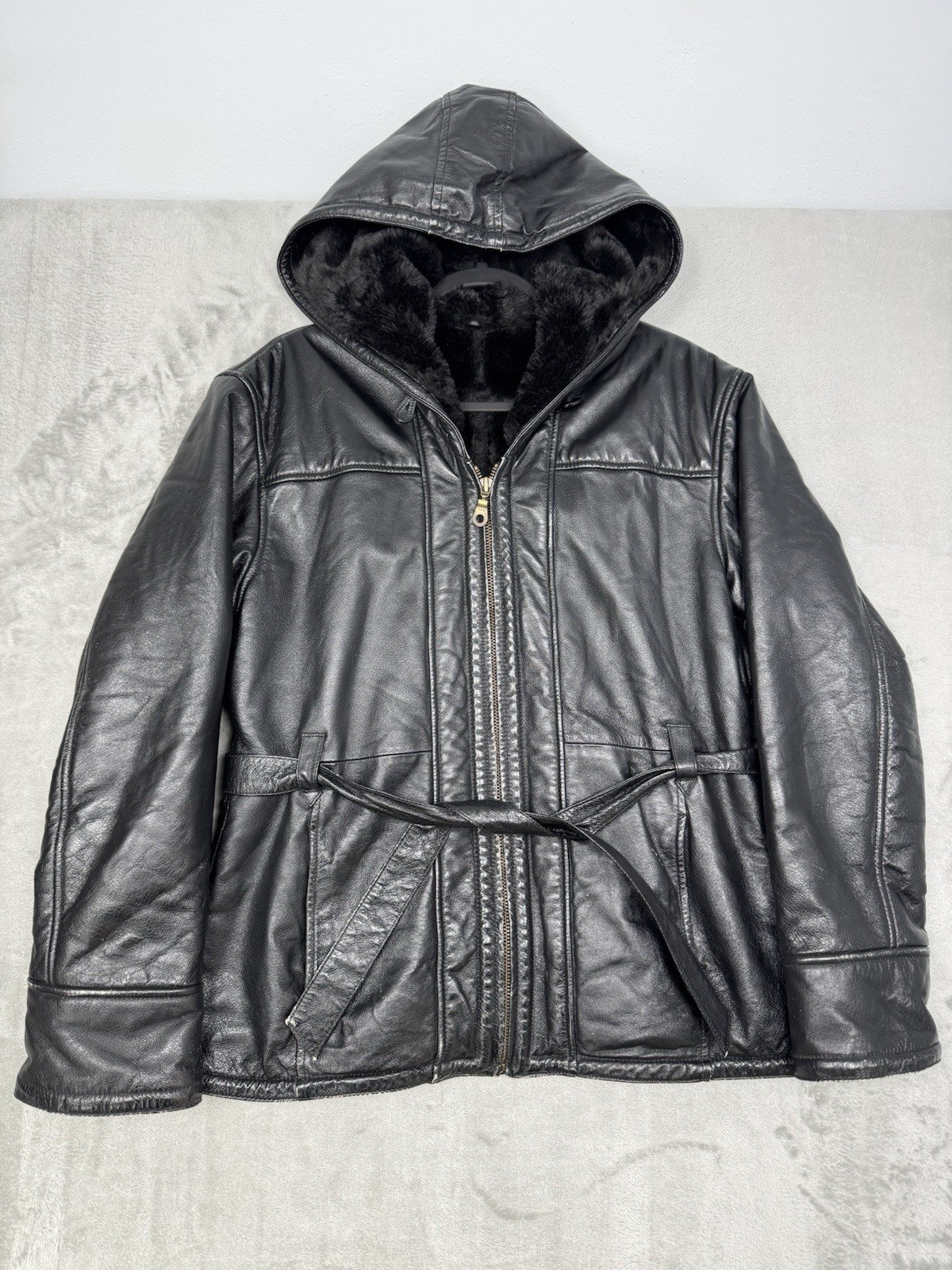 Vintage Wilsons Leather Jacket Womens Medium Hooded Belted Faux Fur Moto 90s Y2K