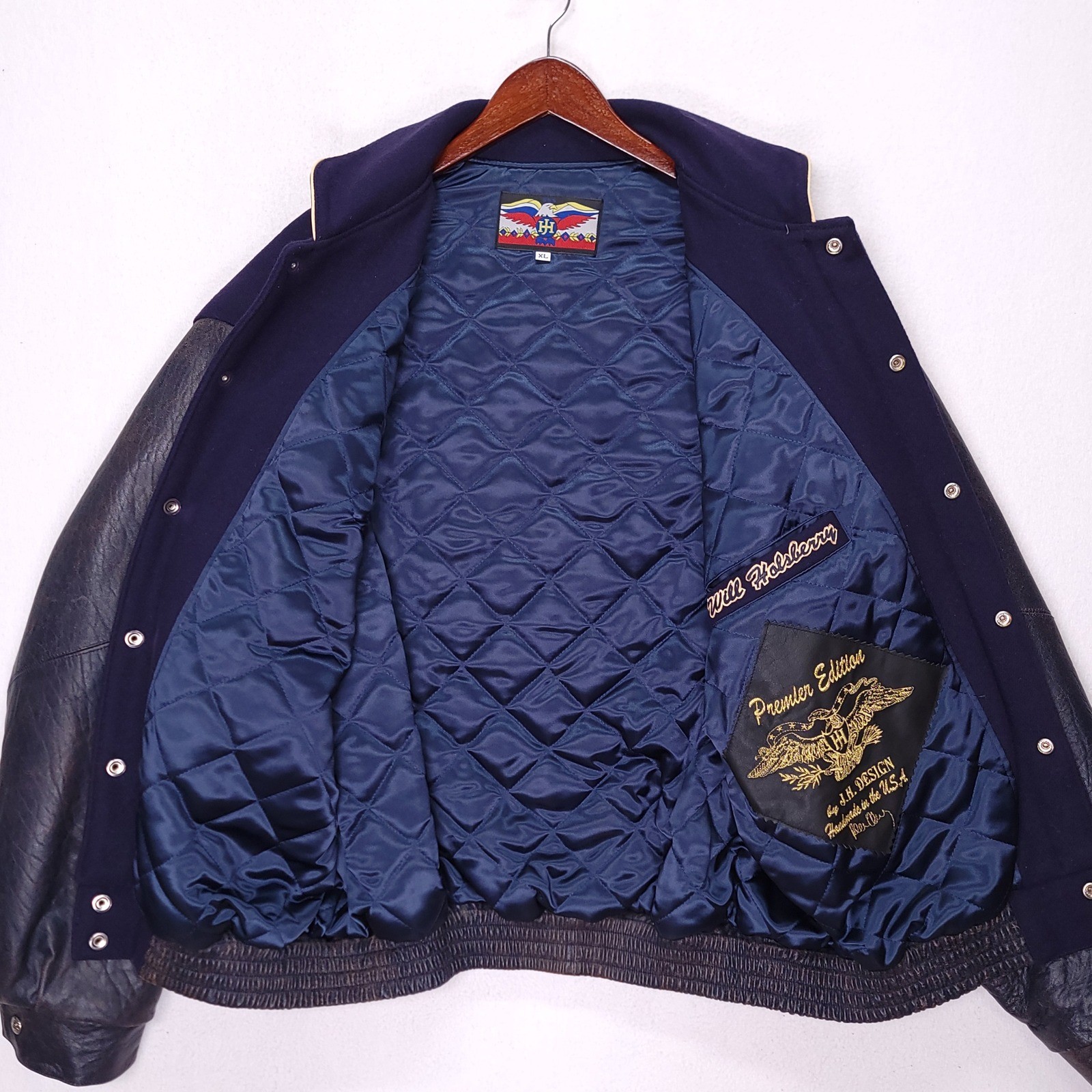 Jeff Hamilton Varsity Jacket Navy Wool Leather Sleeves Mens XL Premier Edition