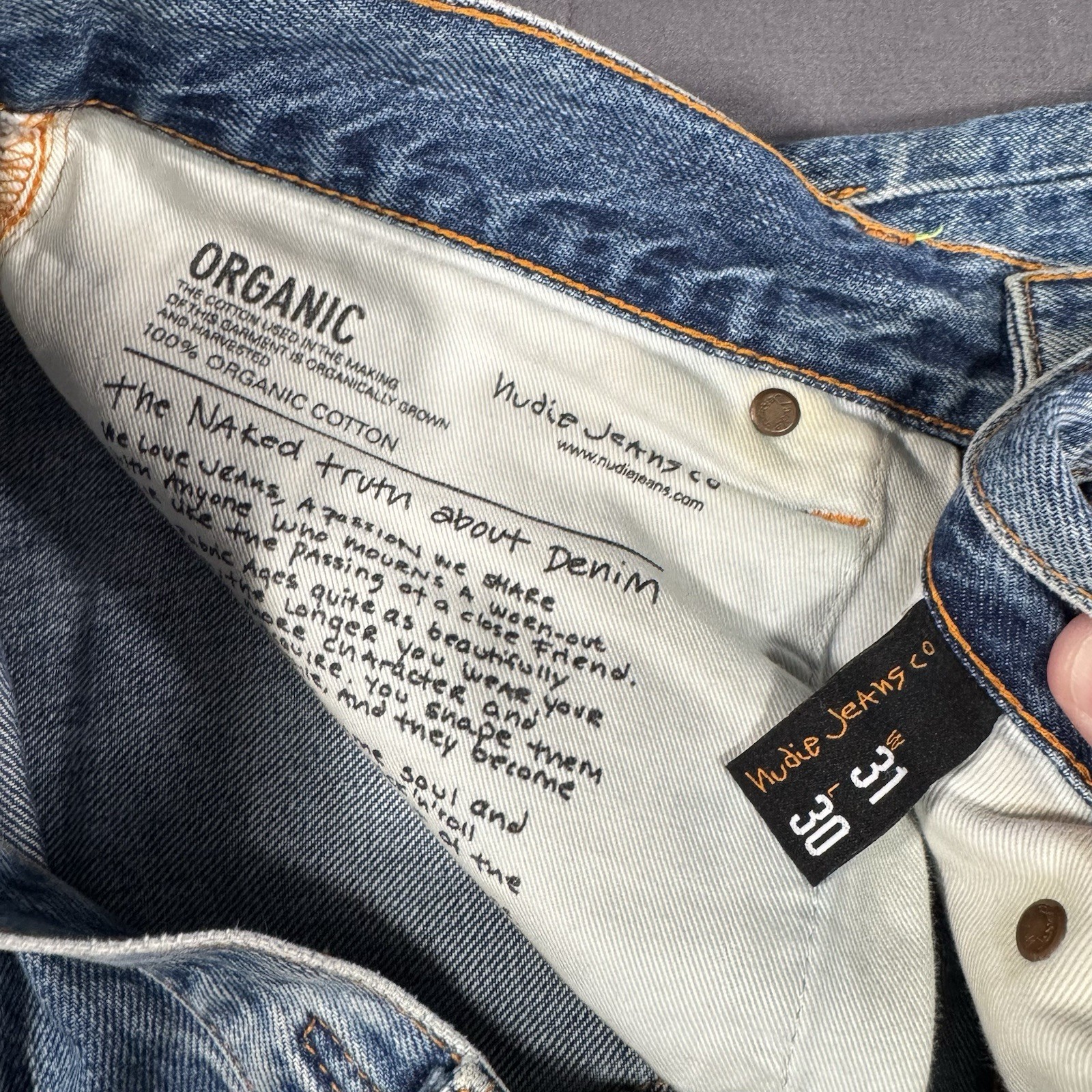 Nudie Jeans Co Men’s 31×30 (26) Blue Denim Jeans Medium Wash Organic Cotton