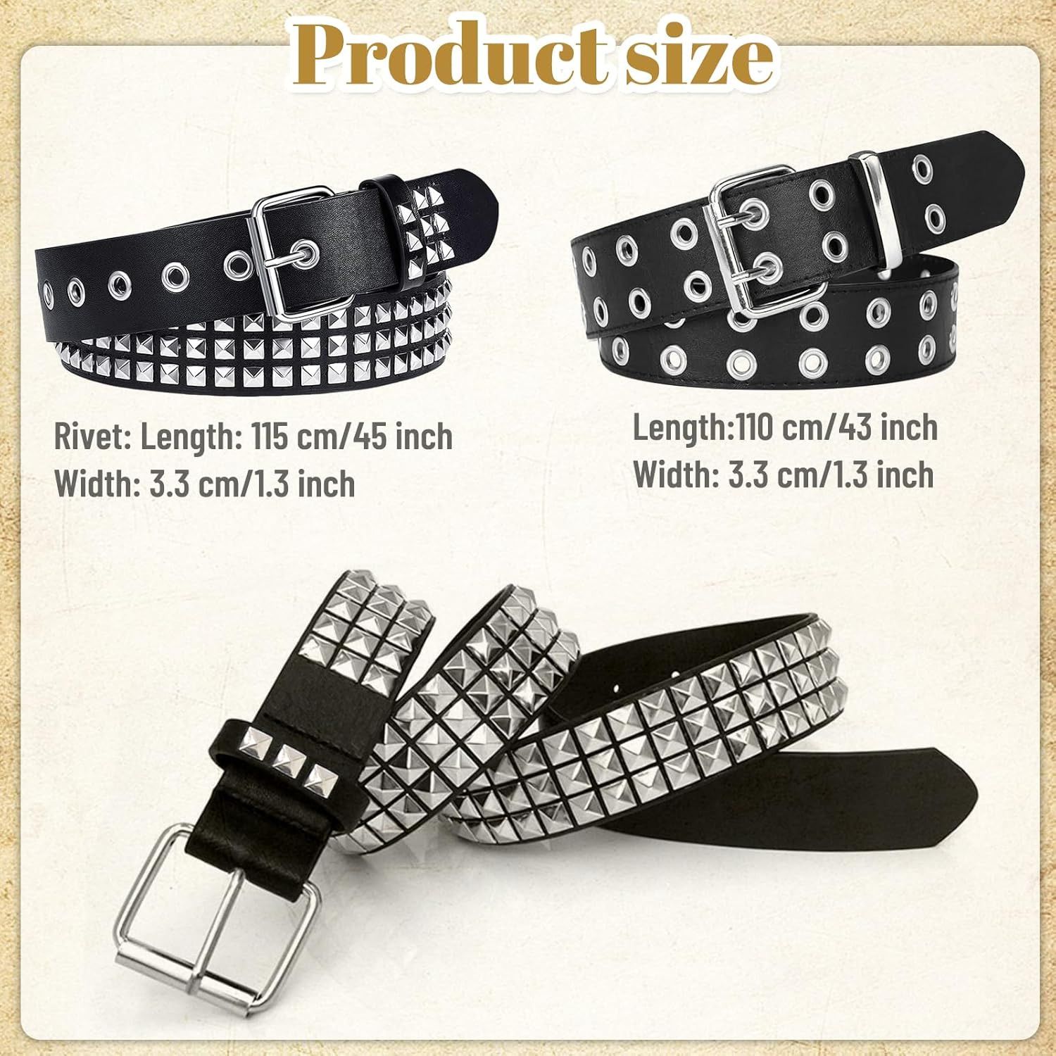 Black Studded Belt, 2 Pcs Y2K Belt Metal Punk Rock Double Grommet Belts with Bri