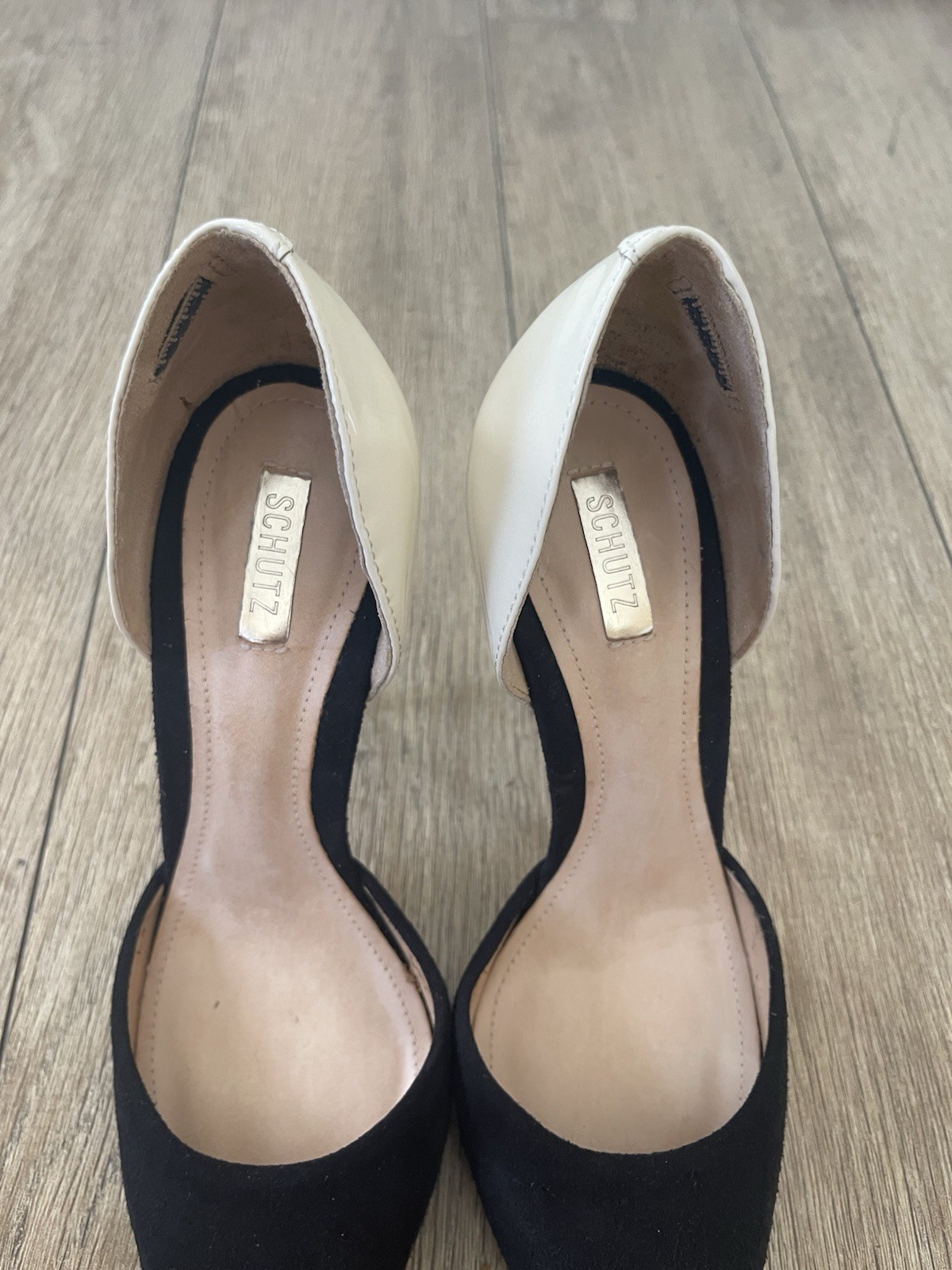 SCHUTZ Black/Ivory Suede & Patent Leather D’Orsay Pointed Toe Stiletto 6