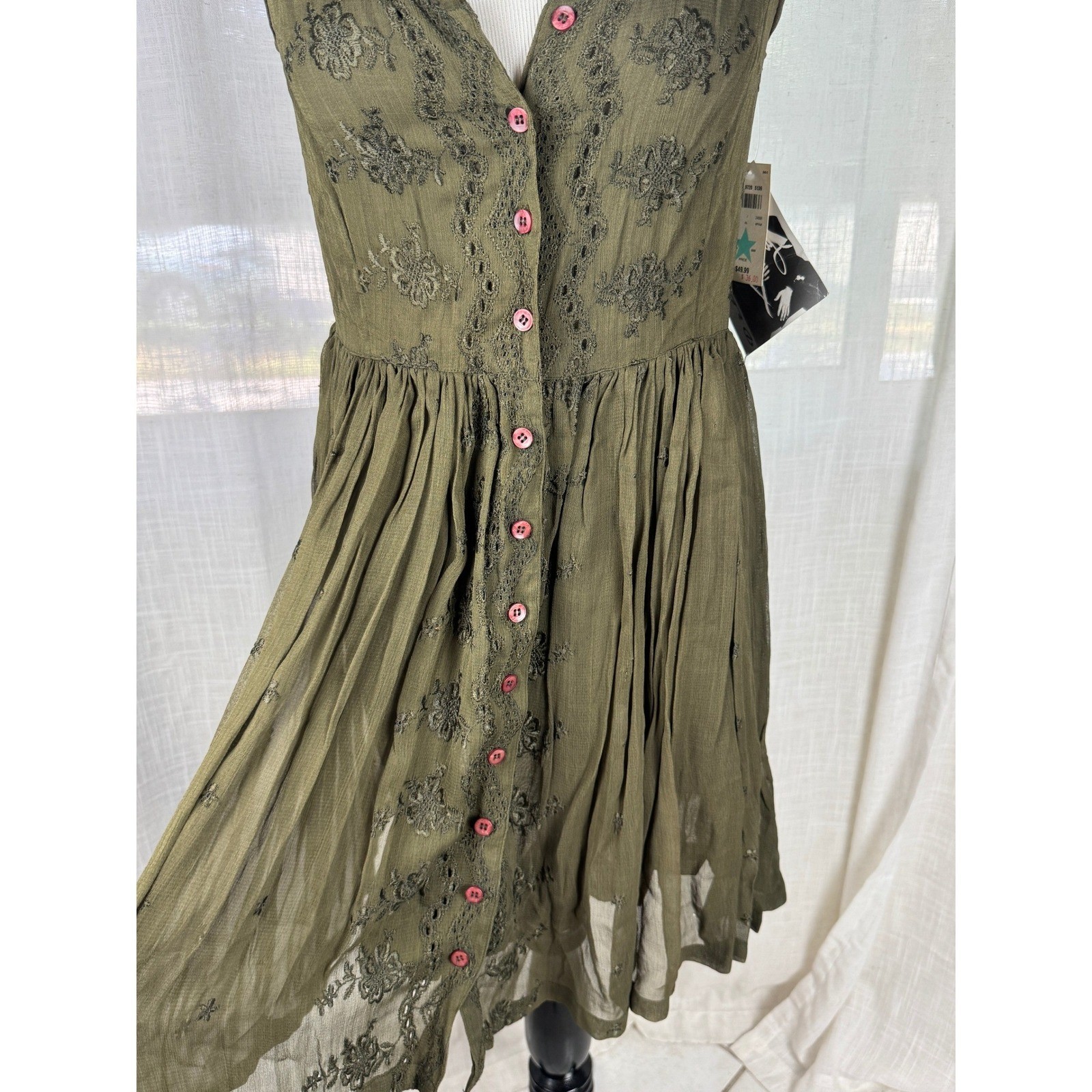 Bongo Vintage 90s Olive Green Embroidered Button Front Dress NWT Size M