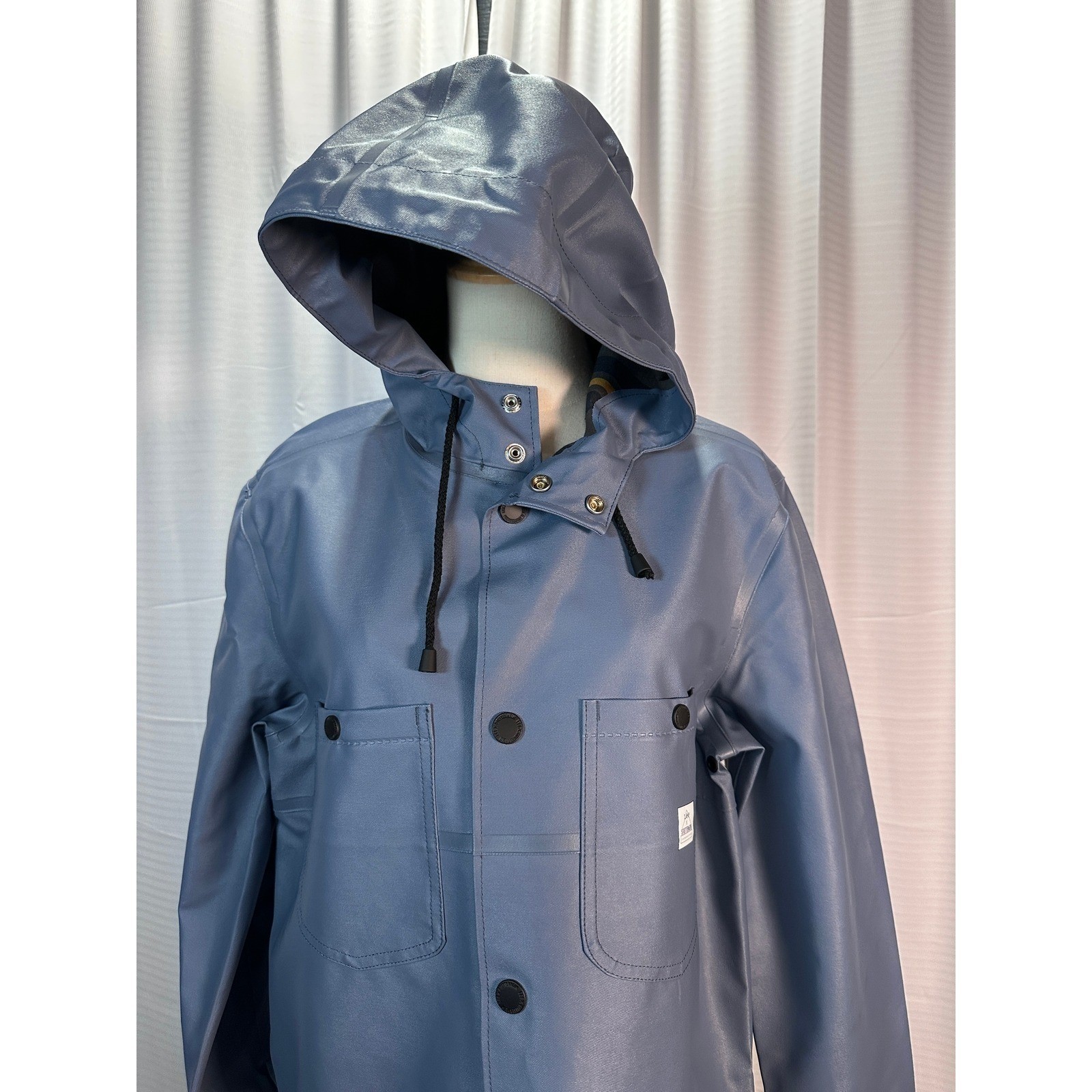 NWT Lee x Stutterheim Trench Coat Ash Blue Rubberized Rain Jacket Hooded Size XL