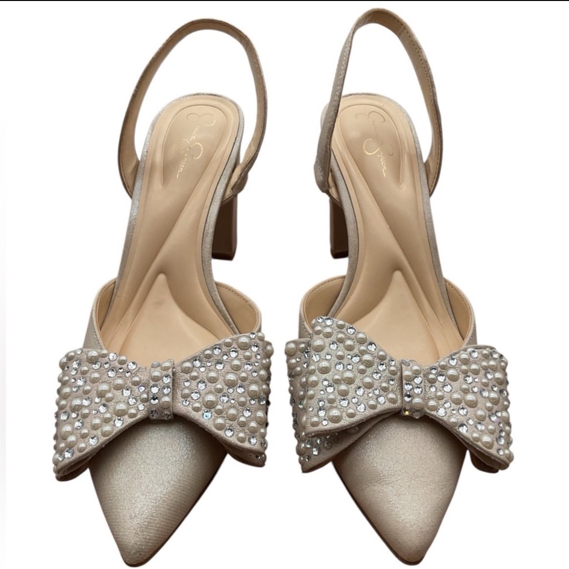 Jessica Simpson Champagne Pearl Rhinestone Bow Slingback Block Heel Pumps 8M 39
