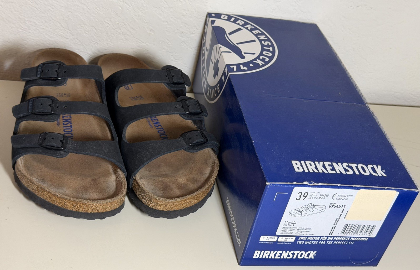 Birkenstock Florida Black Leather Sandals EU 39 Soft Regular Fit READ EXCELLENT
