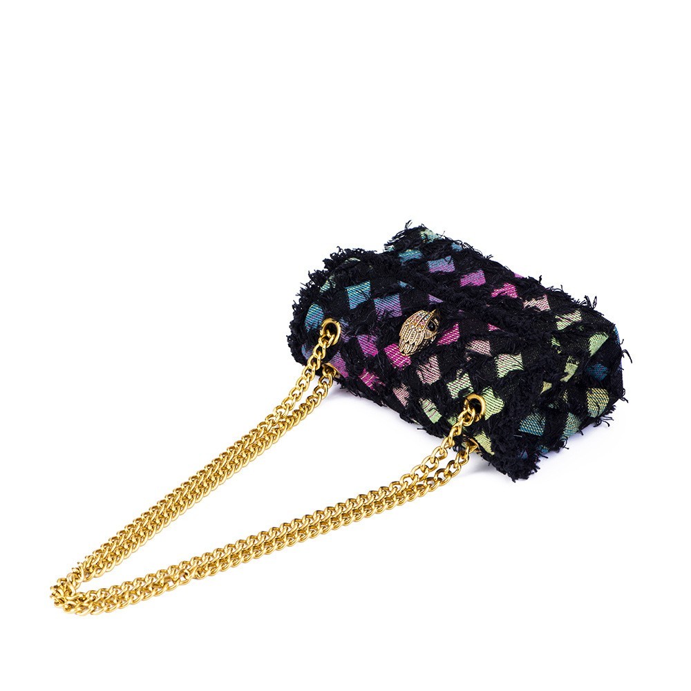 Kurt Geiger London Black Frayed Grid Tweed Crossbody Bag Gold Chain 19cm