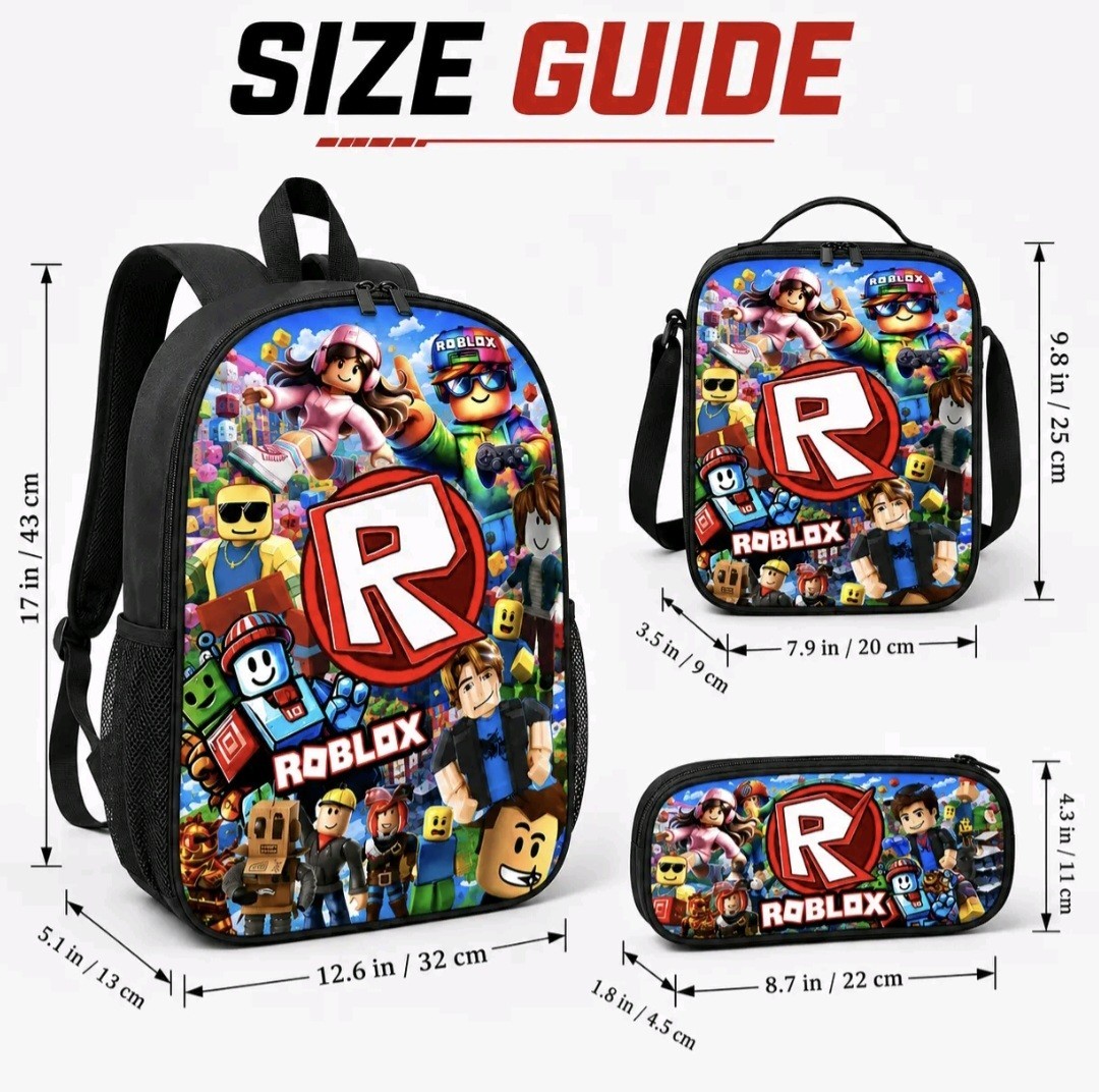 3 Pcs Boys Roblox School Backpack Set- Bag With Lunch Bag & Pencil Case – 3 In 1