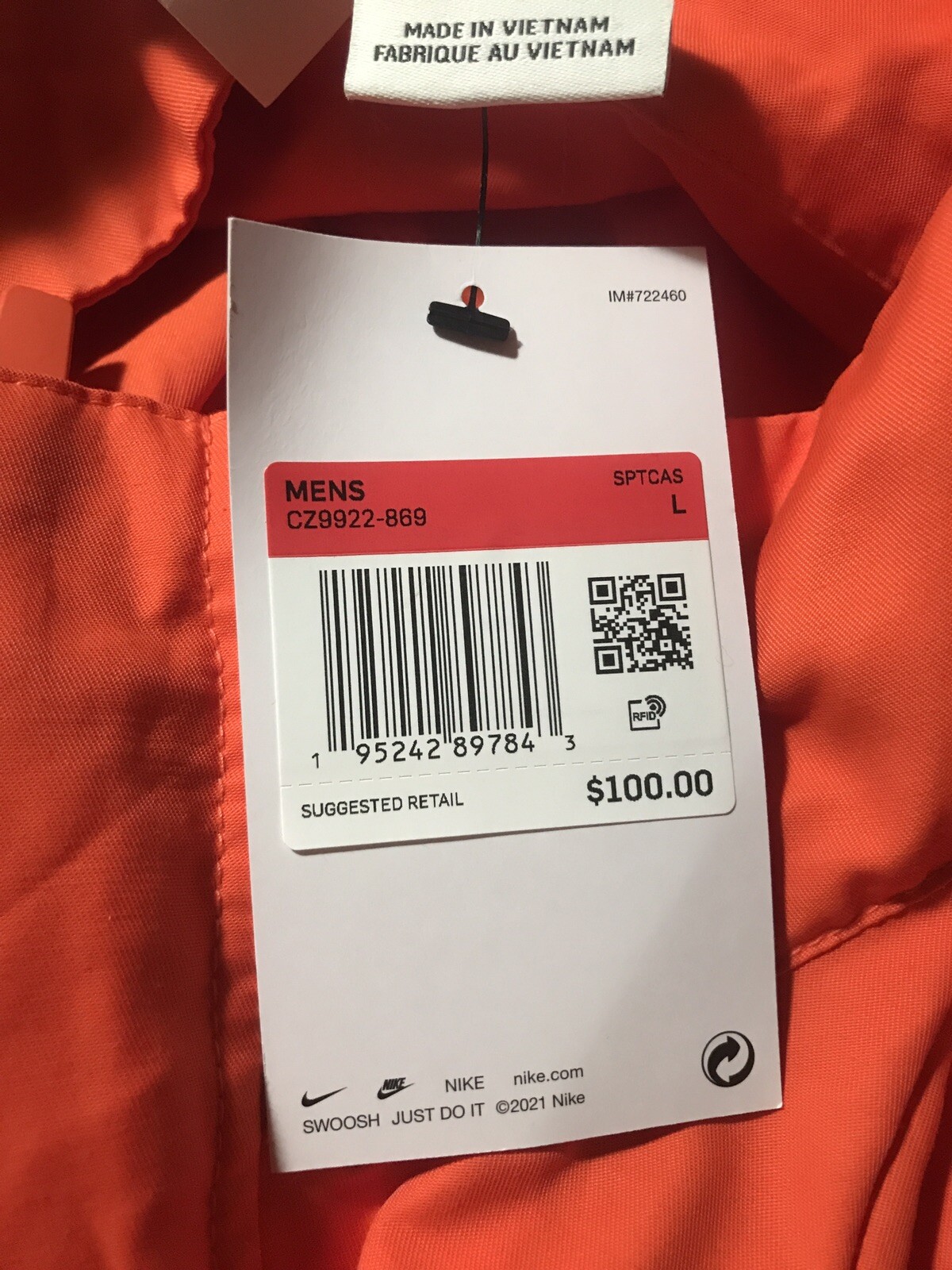 Nike Sportswear Jacket Mens Large Orange Woven M65 Full Zip Button Military New