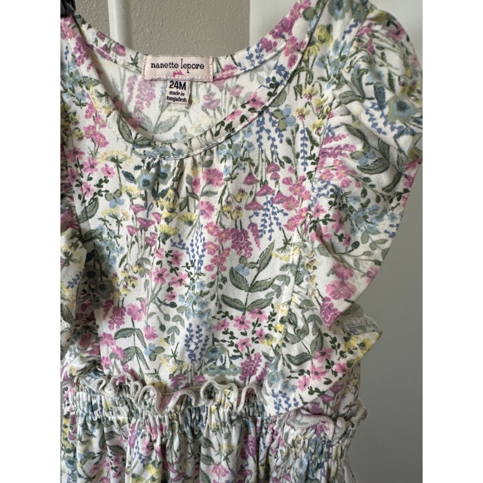 Nanette Lepore Floral Ruffle Dress Smock Waist Flutter Sleeves Pink Sage Green