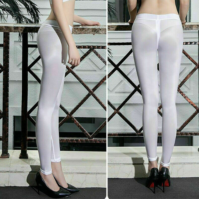 Women/Lady Sheer Shiny Zipper Open Crotch Leggings Silky Trousers Pants Clubwear