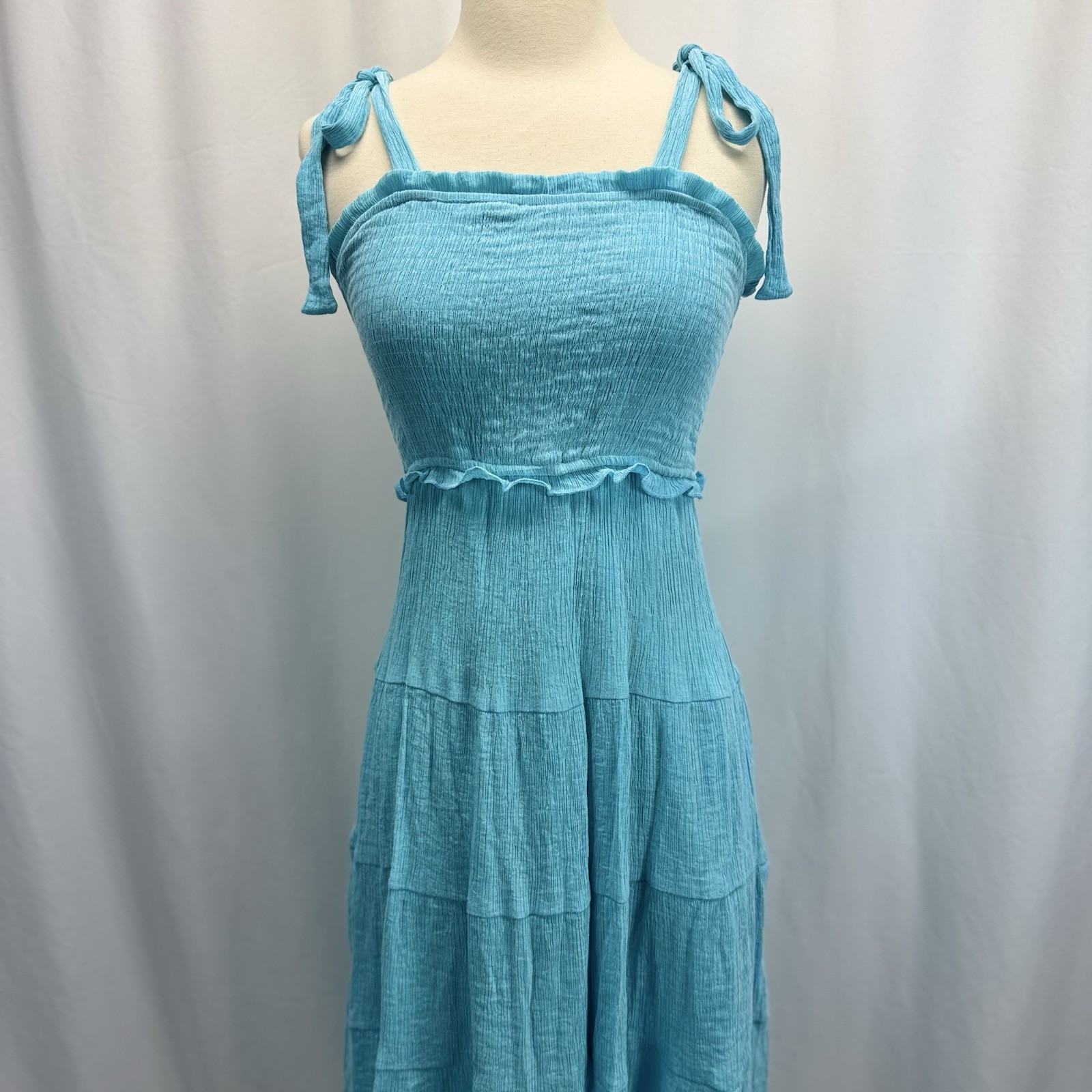 Altar’d State Floral Tiered Midi Sun Dress S Blue Green Tie Strap Smocked Bodice