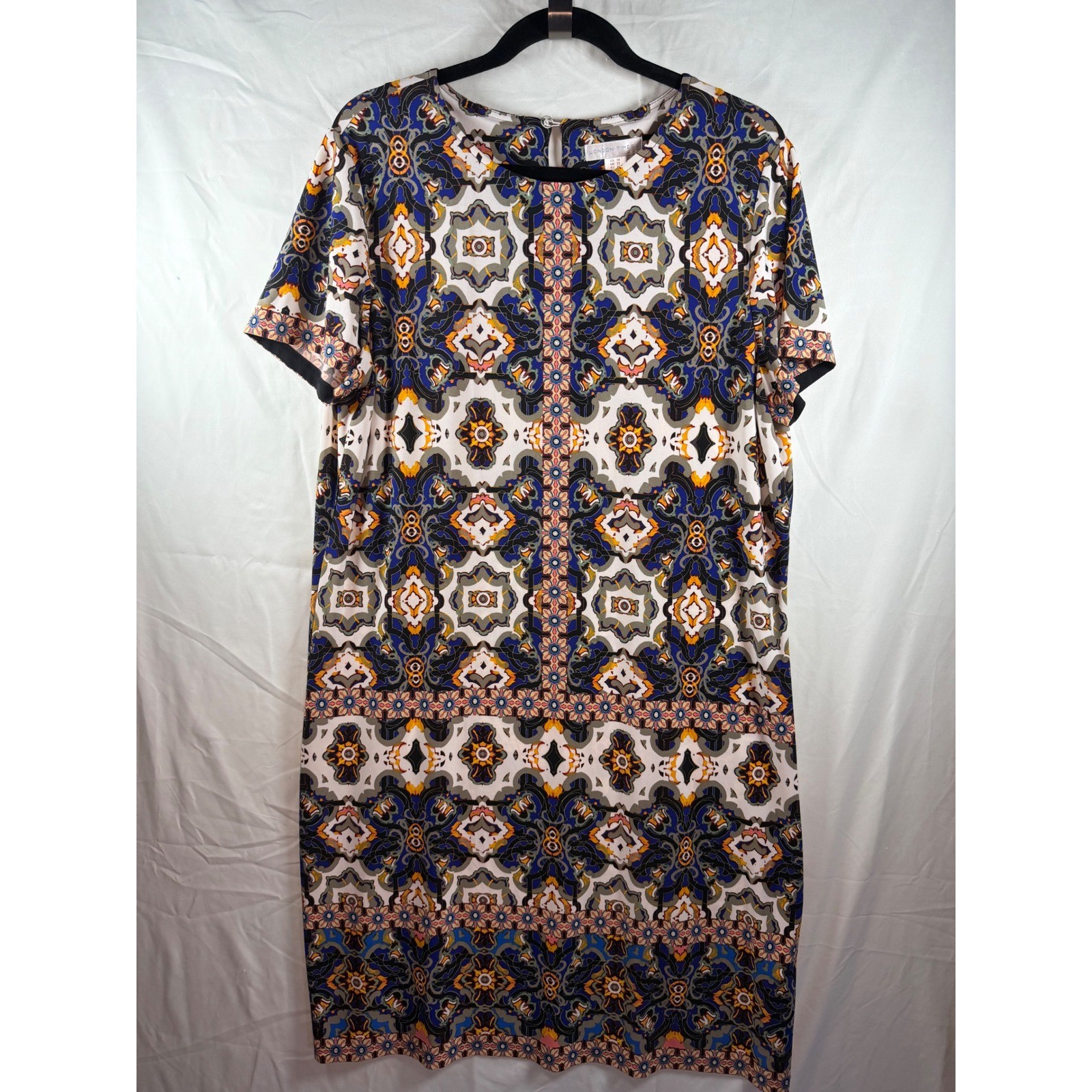 London Times Blue Orange Geometric Tile Print Shift Dress Sz 18 Jersey boho