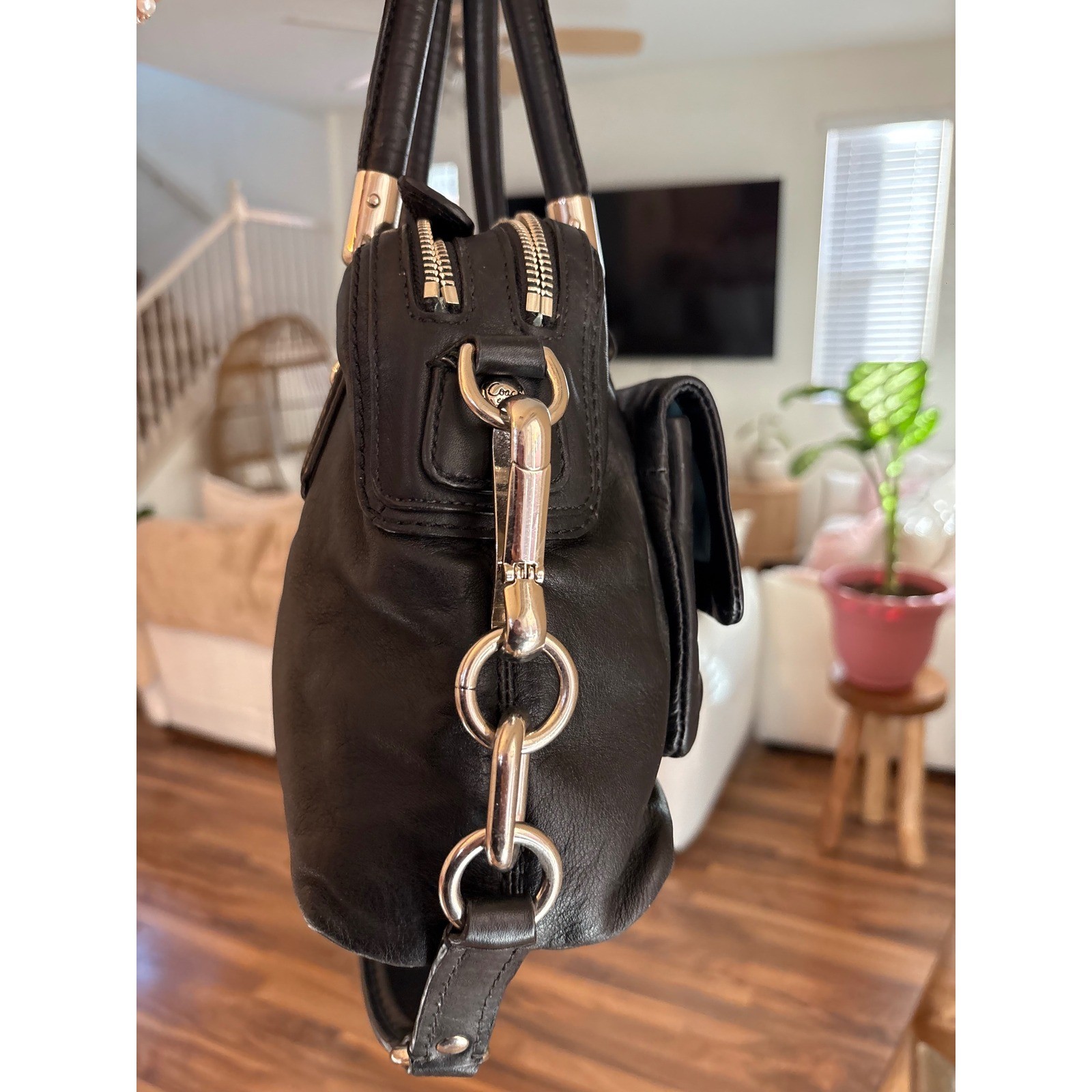 Coach Kristin Black Leather Satchel Handbag Silver Hardware 15003