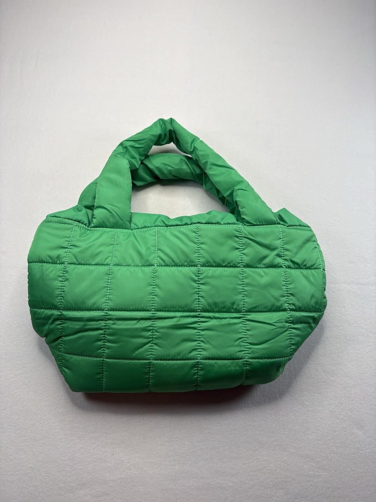 Green Quilted Puffer Shoulder Bag, Top Handle, Zip Closure, Detachable Strap