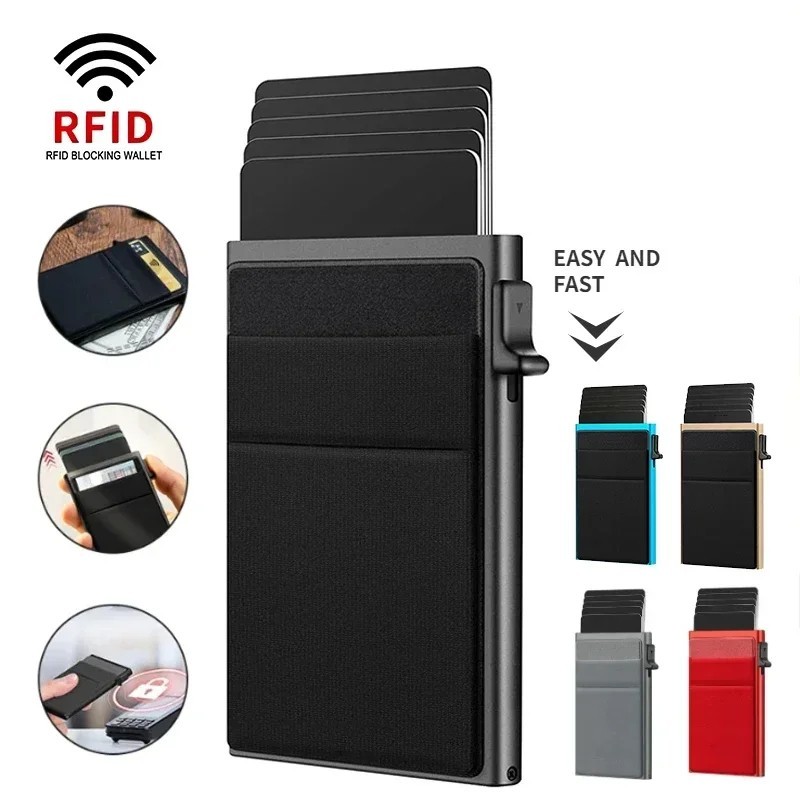 Mens RFID Blocking Wallet Slim Credit Card Holder Black Minimalist Auto Pop Up