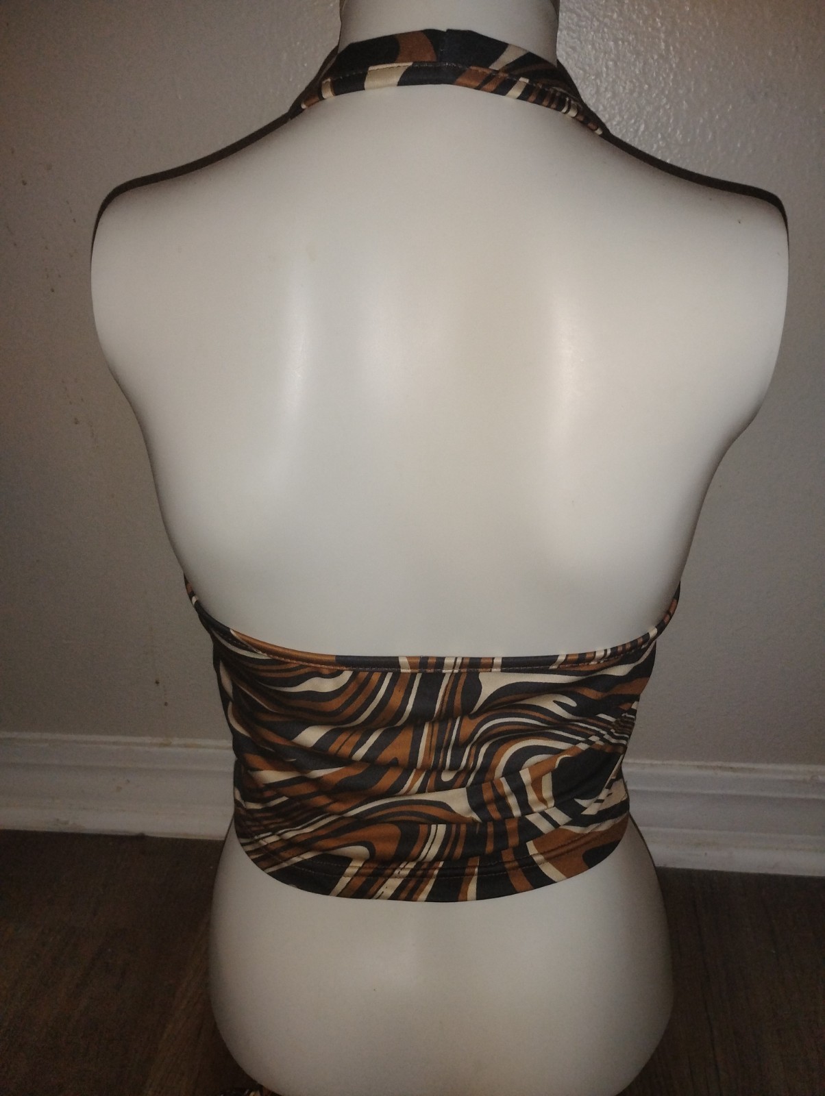 Brown, Cream & Black Marbled Halter Top. Drawstring Front Medium. Sexy Summer