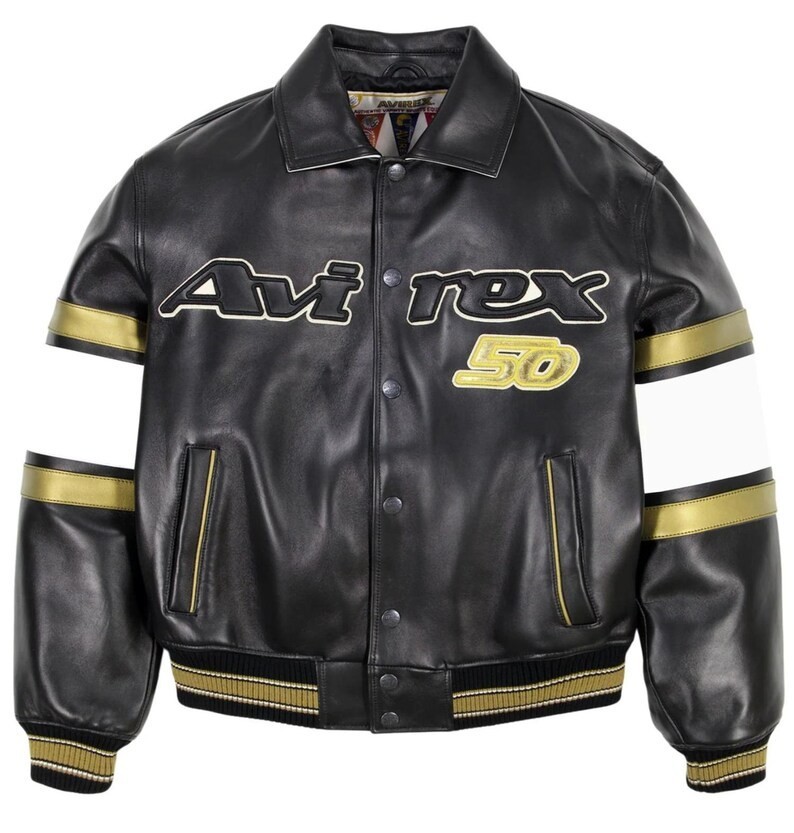 Avirex 50th Anniversary Leather Jacket Black Gold Kick-Off Varsity Bomber Men’s